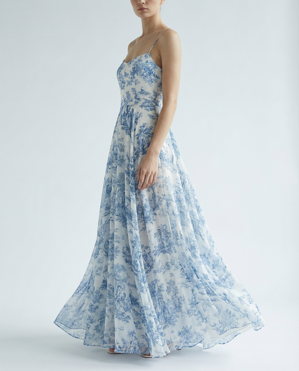 Toile de Jouy Spaghetti-Strap Midaxi Dress in Ivory and Blue Chiffon