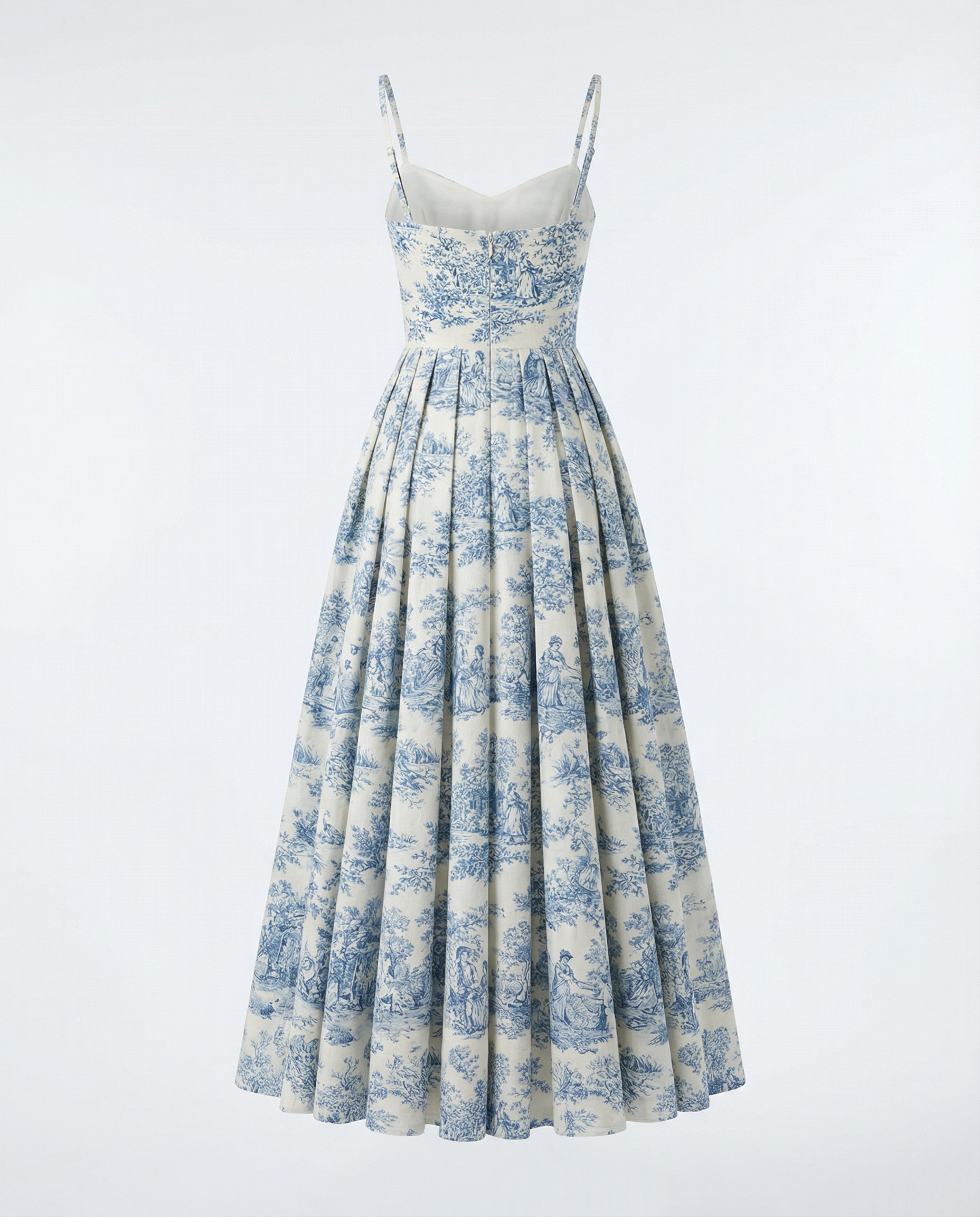 Toile de Jouy Spaghetti-Strap Midaxi Dress in Ivory and Blue