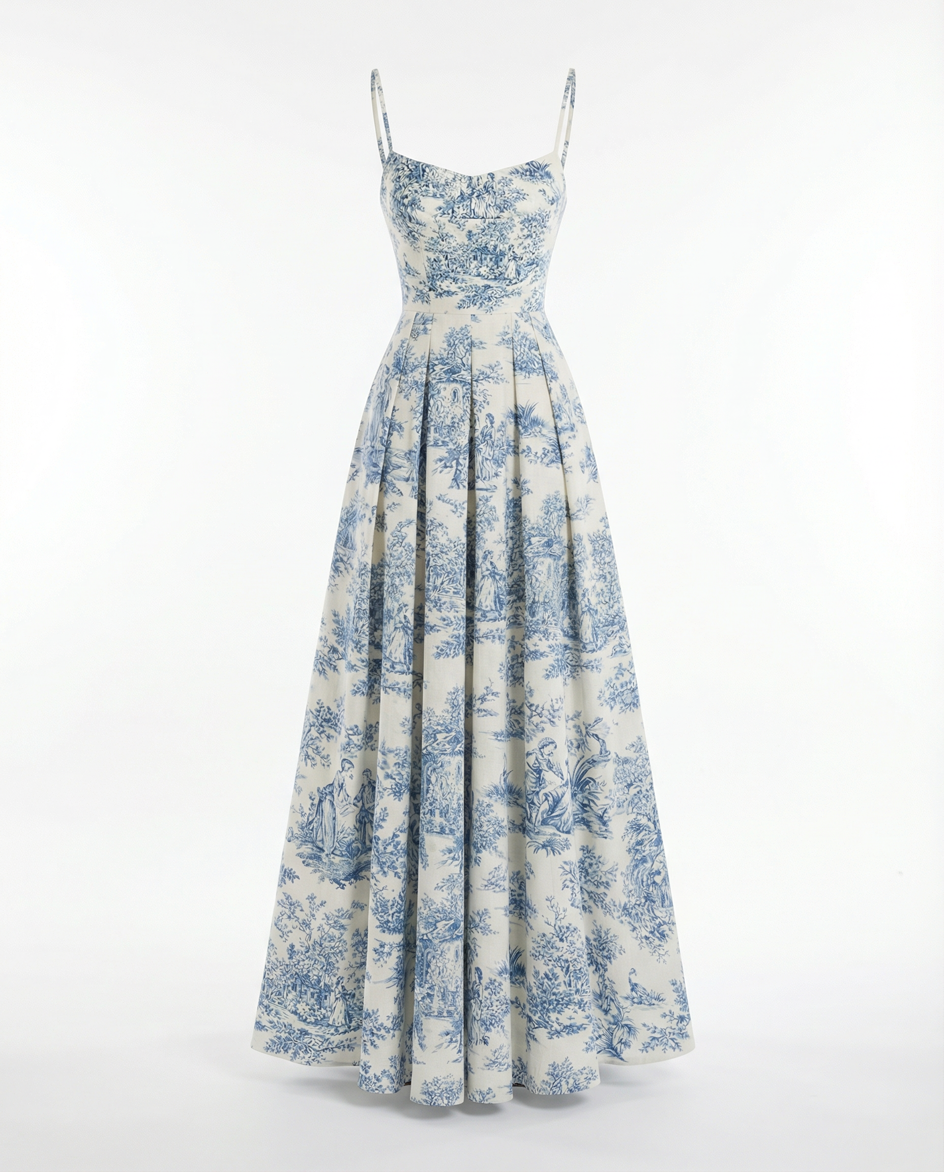 Toile de Jouy Spaghetti-Strap Maxi Dress in Ivory and Blue