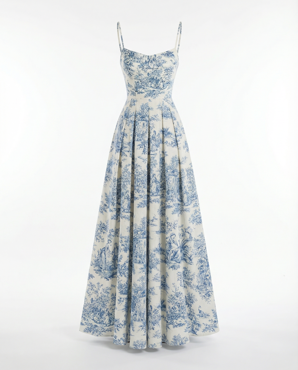 Toile de Jouy Spaghetti-Strap Midaxi Dress in Ivory and Blue