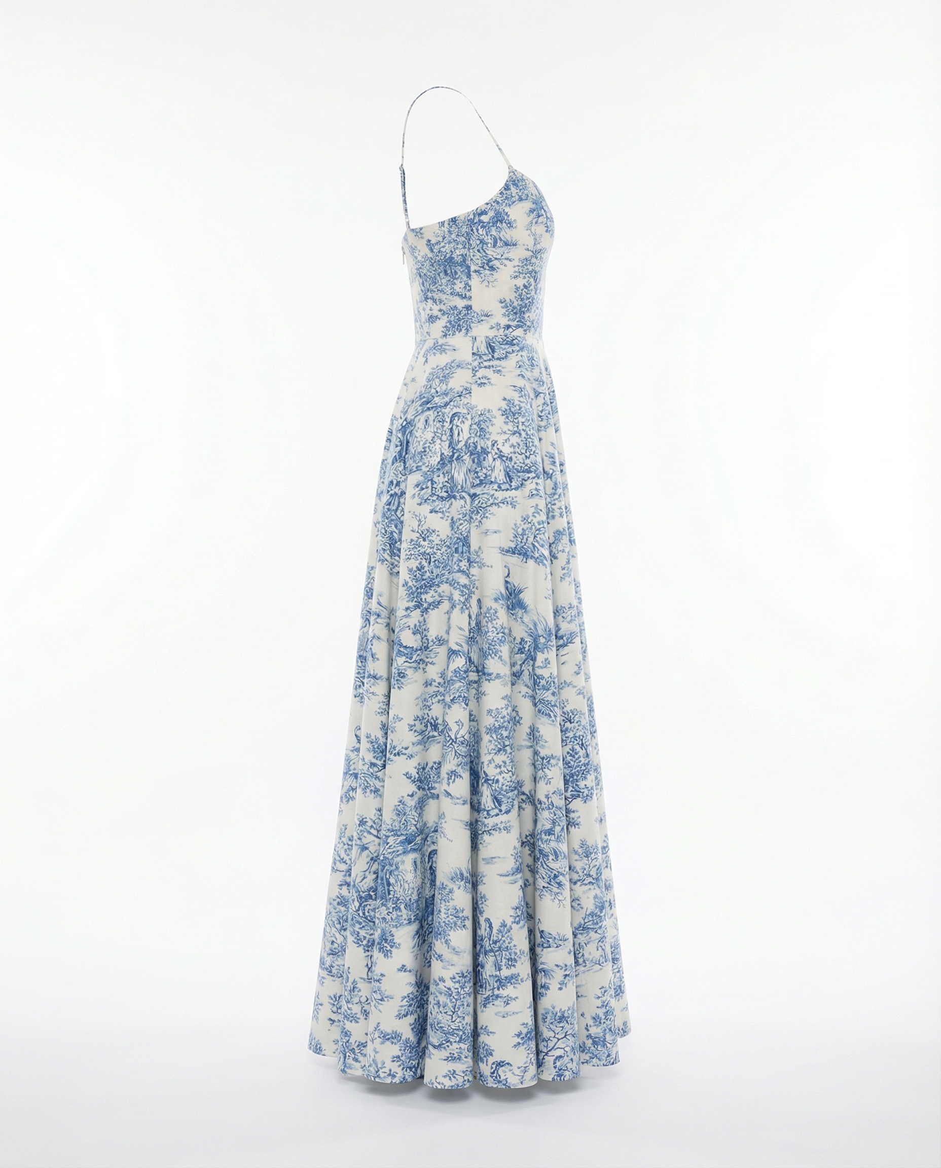 Toile de Jouy Spaghetti-Strap Maxi Dress in Ivory and Blue
