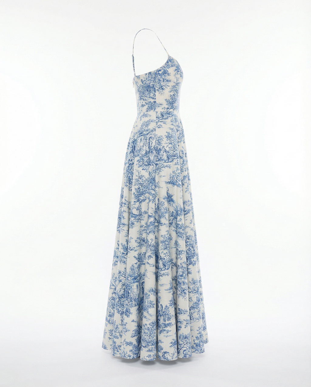 Toile de Jouy Spaghetti-Strap Midaxi Dress in Ivory and Blue