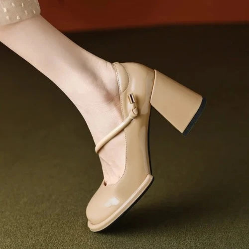 Vintage Square Toe Block Heel Mary Janes - Apricot