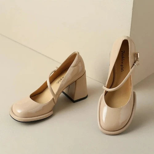 Vintage Square Toe Block Heel Mary Janes - Apricot