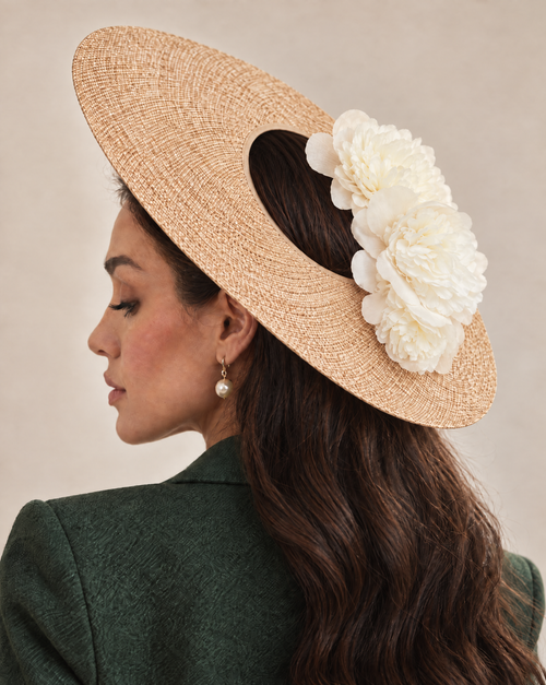Wide-Brim Straw Halo Hat with Ivory Silk Peonies
