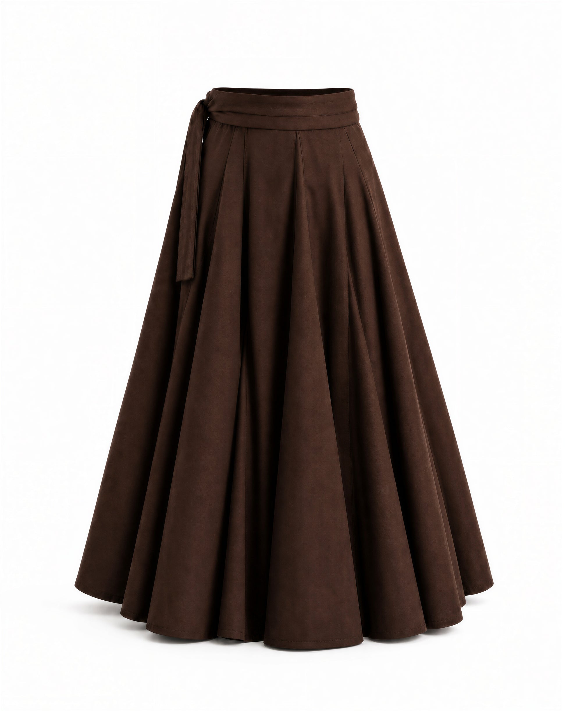 Wraparound Godet Midi Skirt in Chocolate Brown