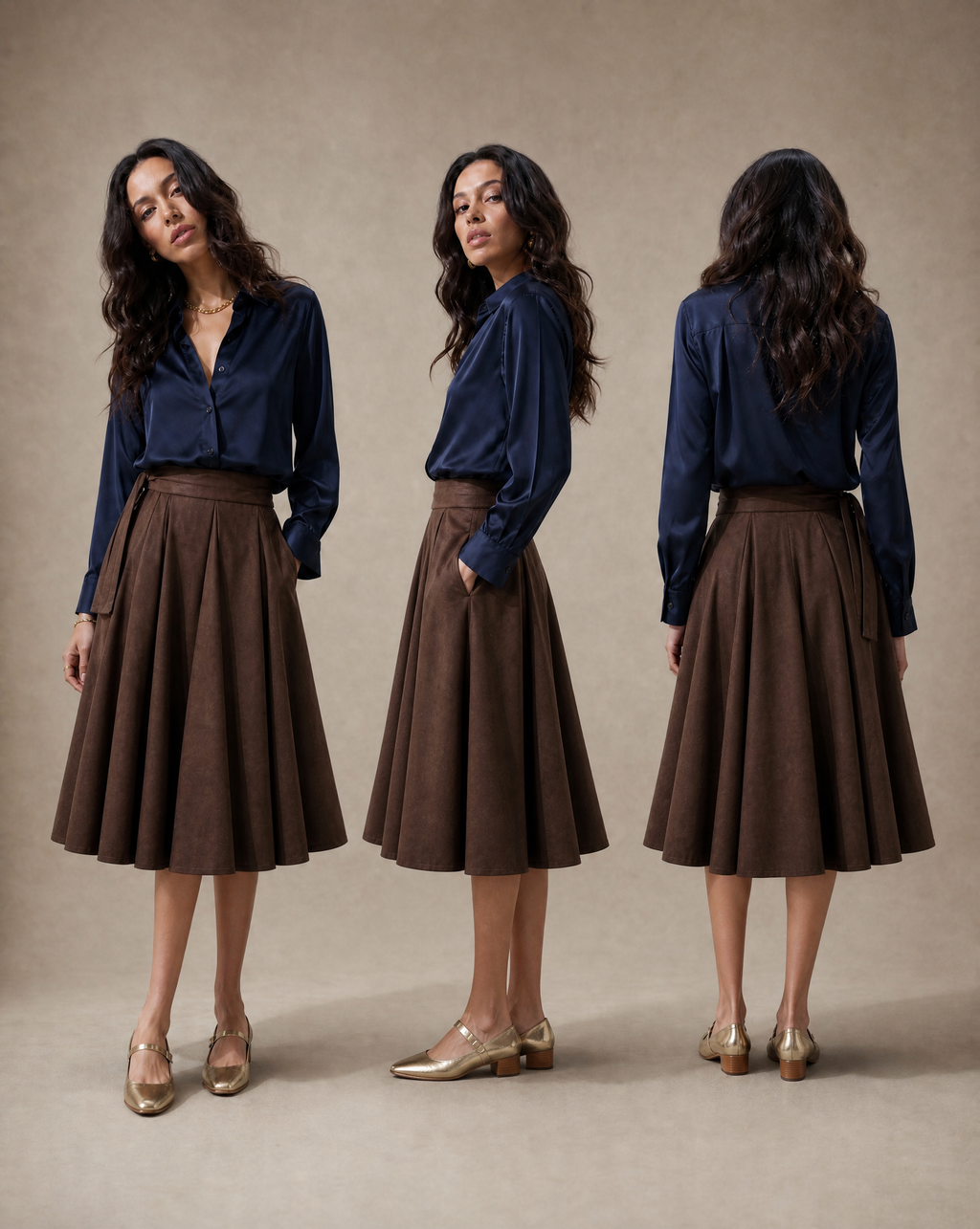 Wraparound Godet Midi Skirt in Chocolate Brown
