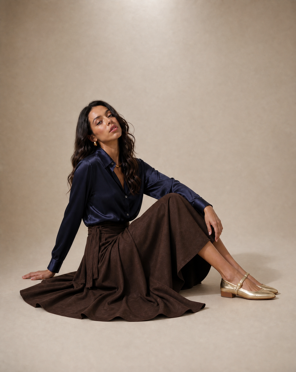Wraparound Godet Midi Skirt in Chocolate Brown