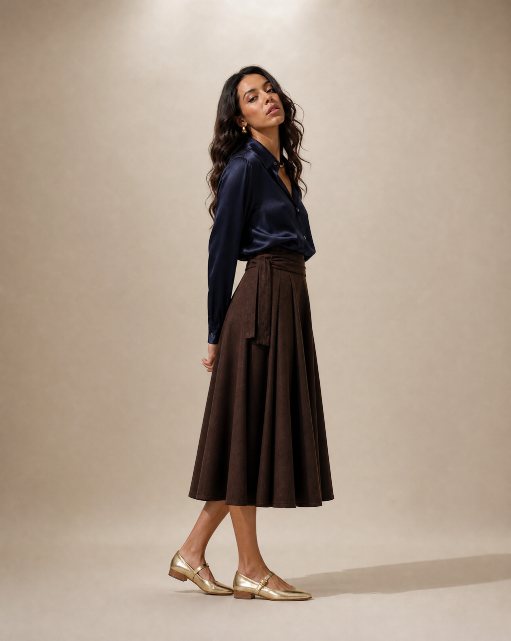 Wraparound Godet Midi Skirt in Chocolate Brown