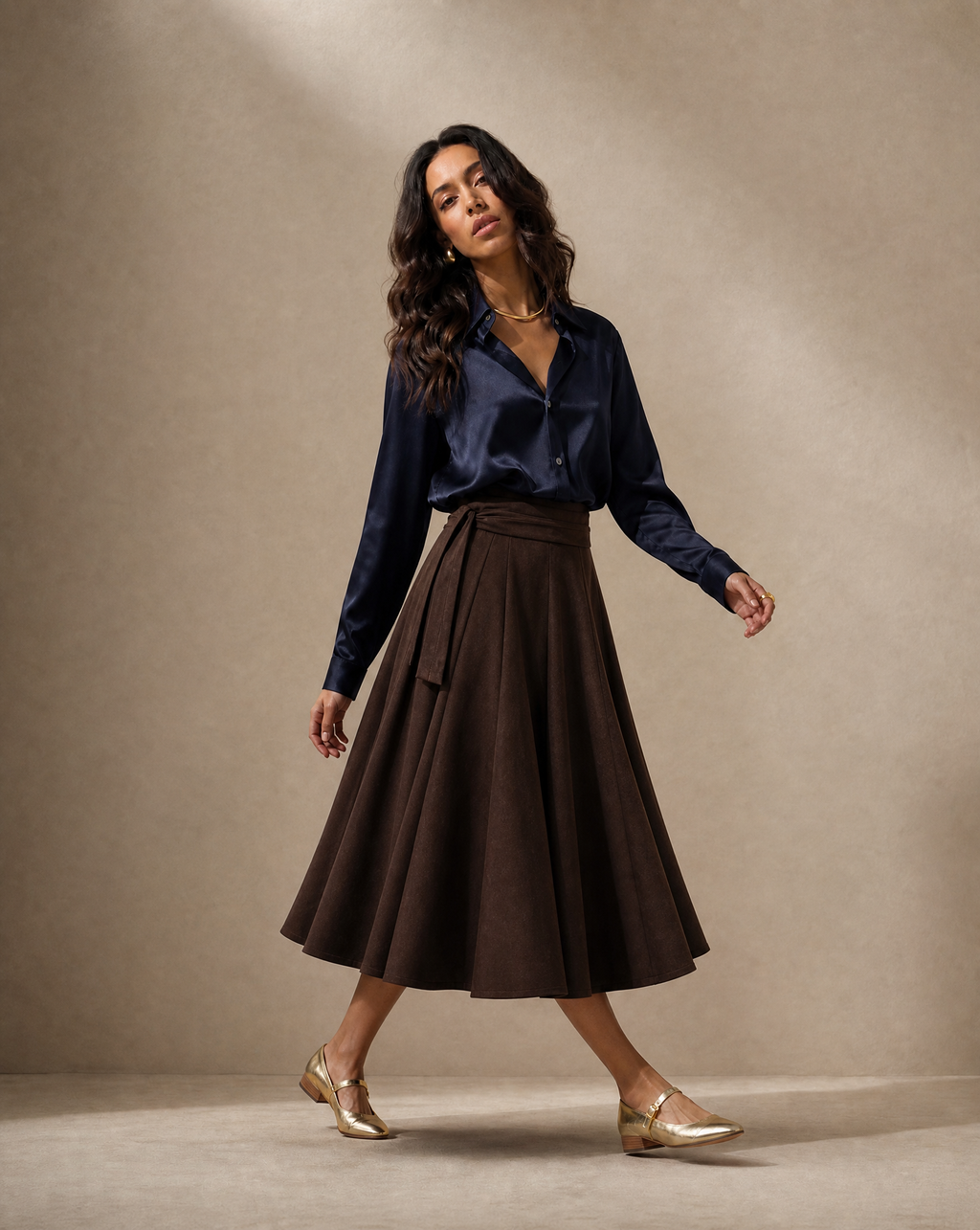 Wraparound Godet Midi Skirt in Chocolate Brown