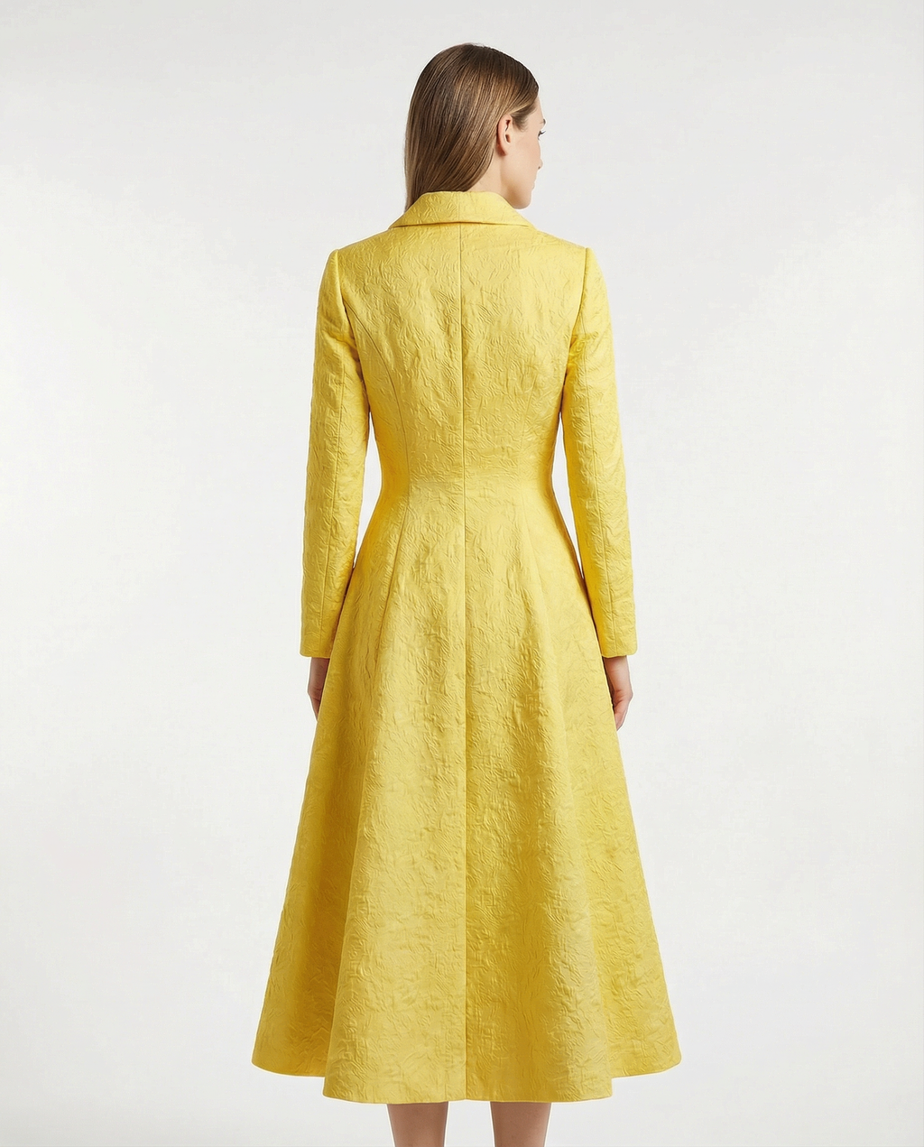 Yellow Structured Coat Dress with Bias-Cut Shawl Collar