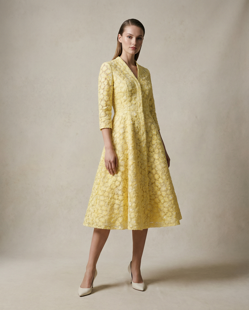 Yellow Floral Embroidered Tailored Coat Dress