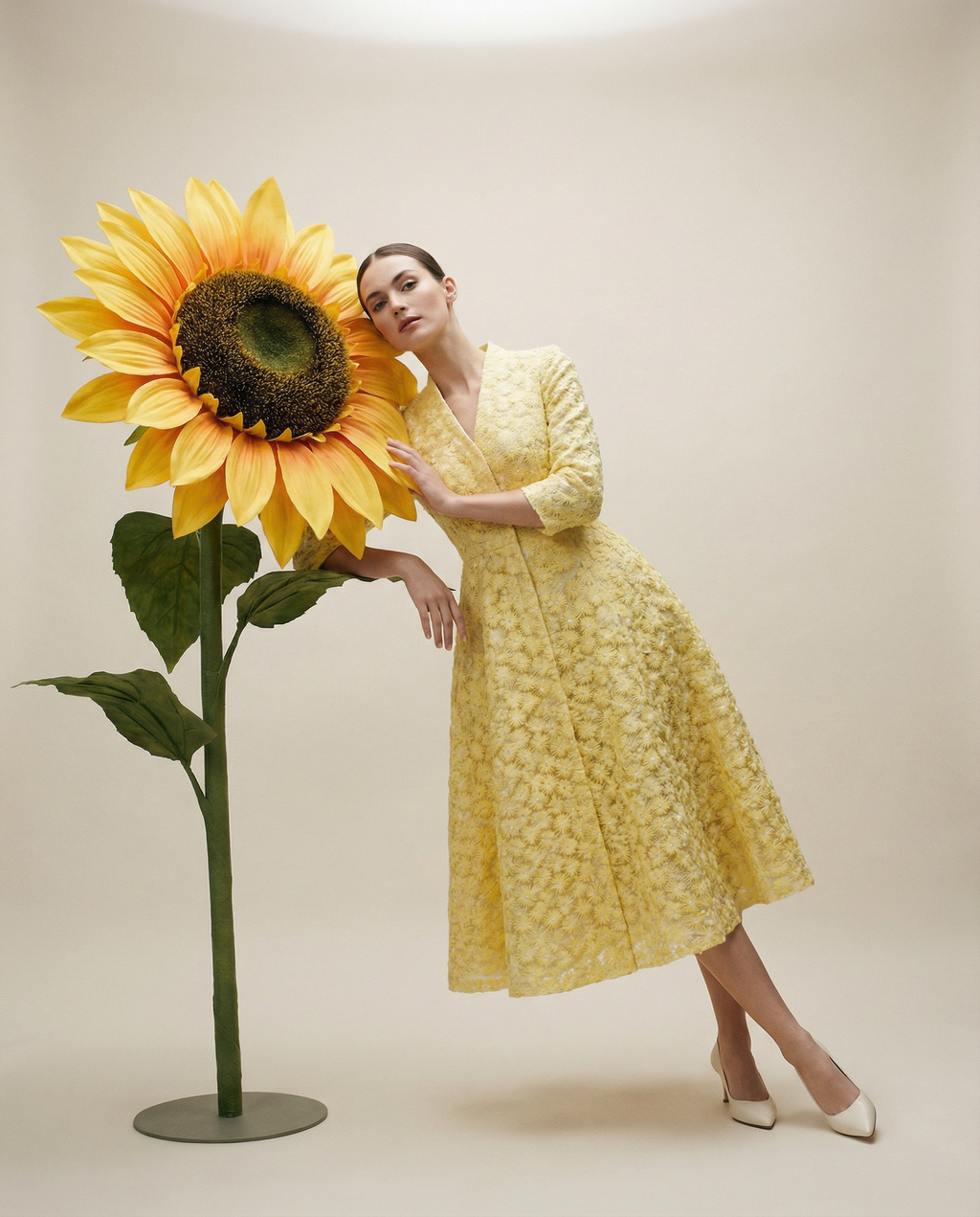 Yellow Floral Embroidered Tailored Coat Dress