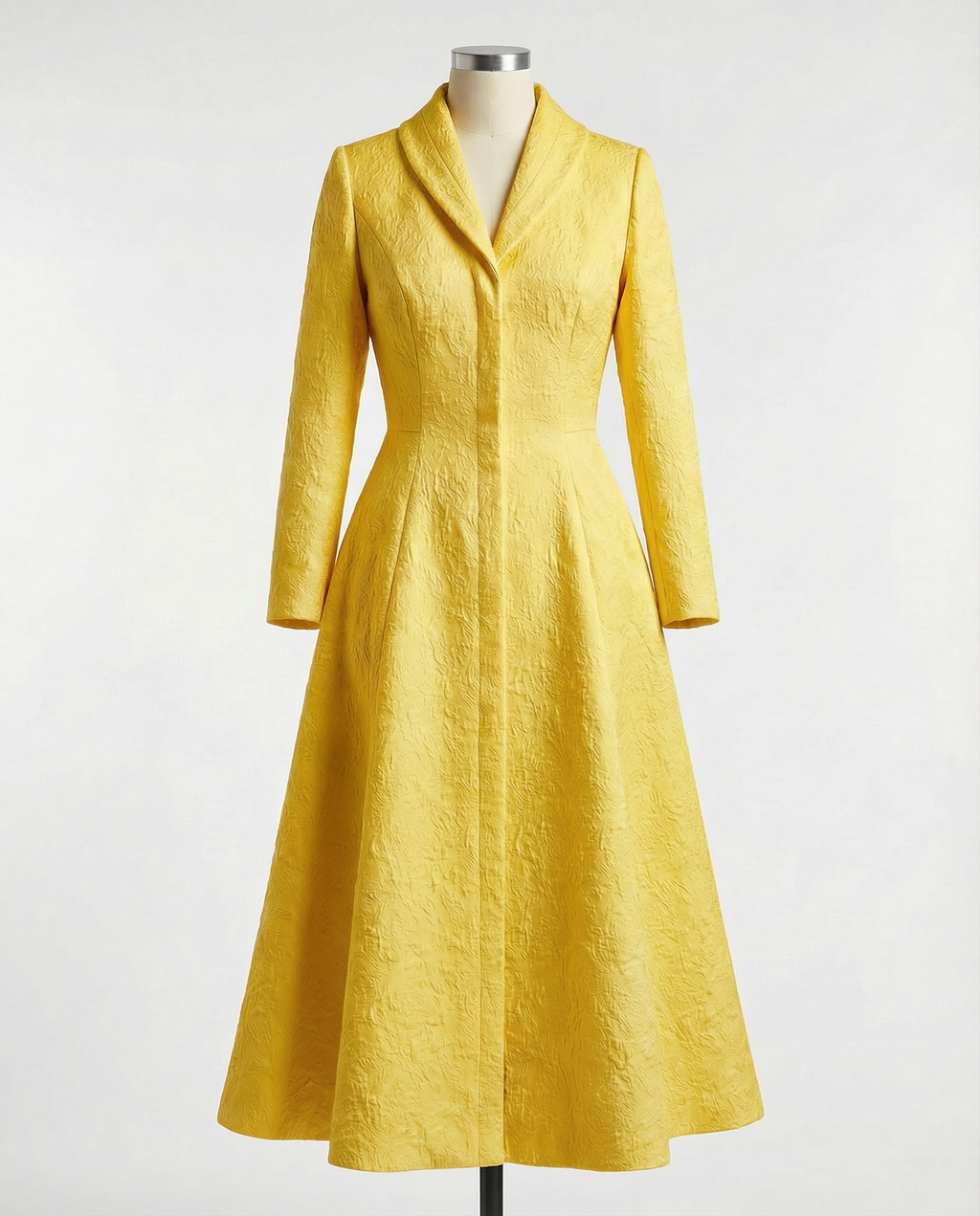 Yellow Structured Coat Dress with Bias-Cut Shawl Collar