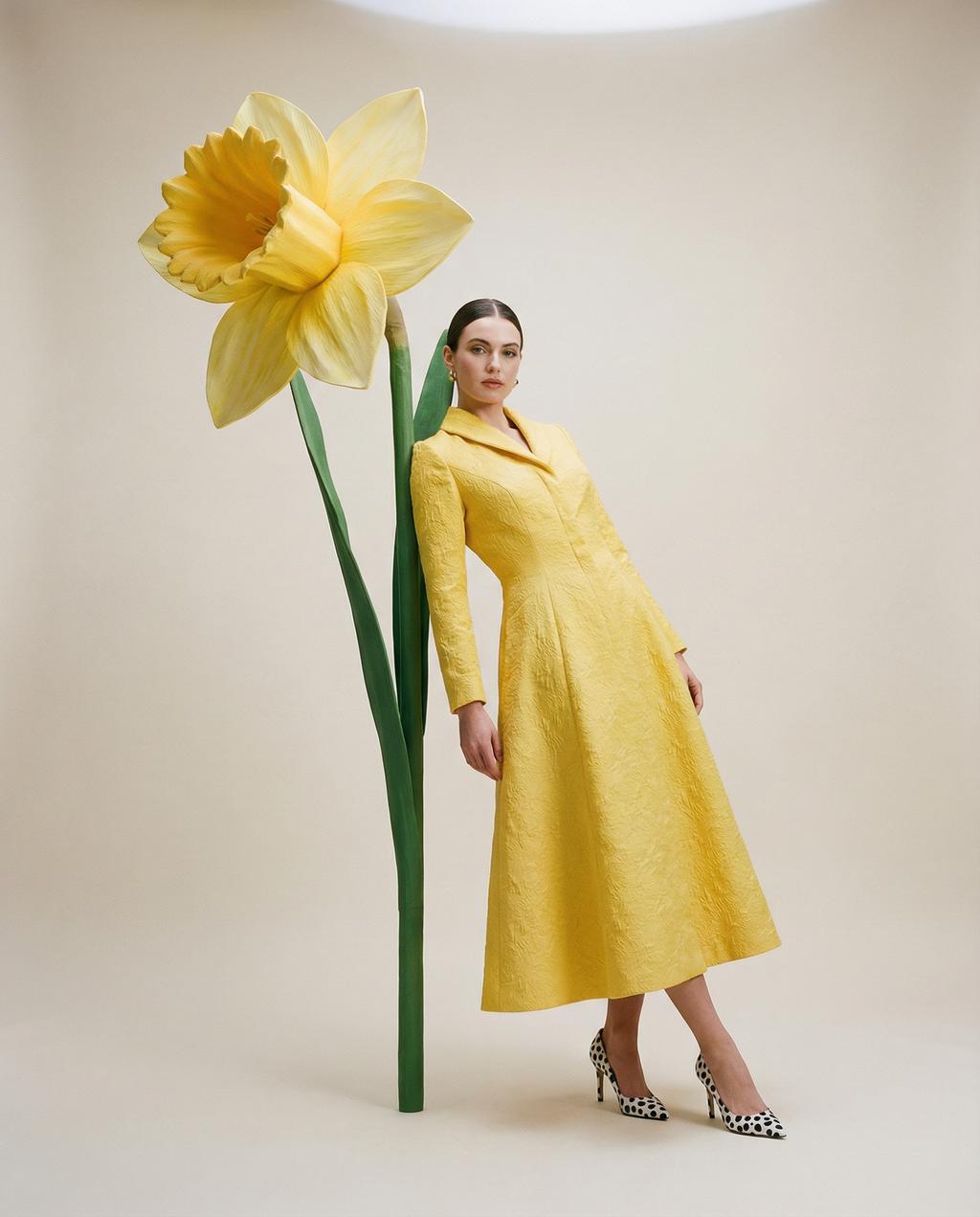 Yellow Structured Coat Dress with Bias-Cut Shawl Collar