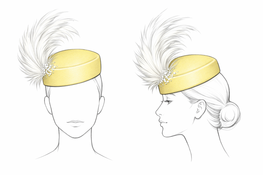 Mustard Yellow Pillbox Hat with Feathers and Pearls