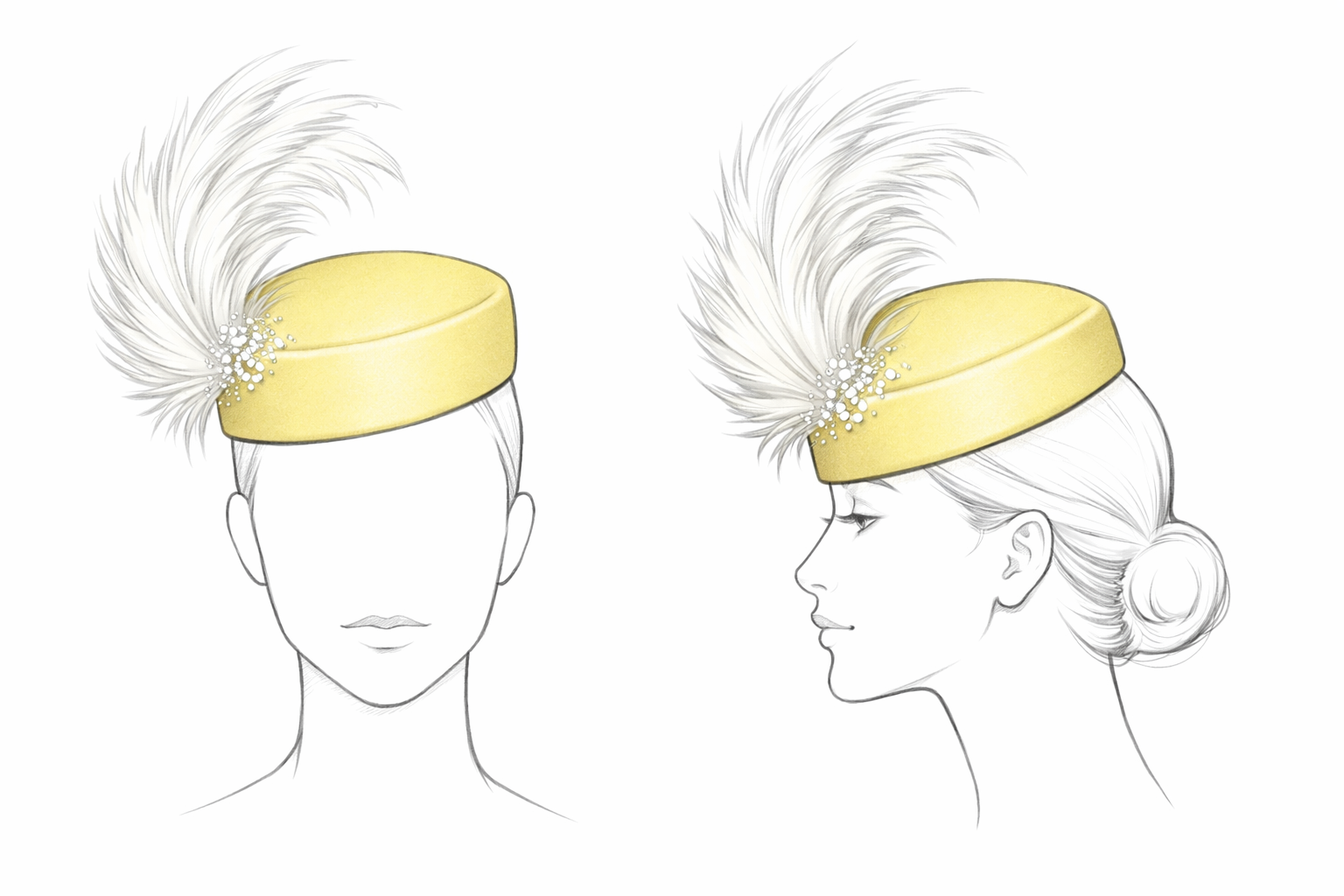 Mustard Yellow Pillbox Hat with Feathers and Pearls