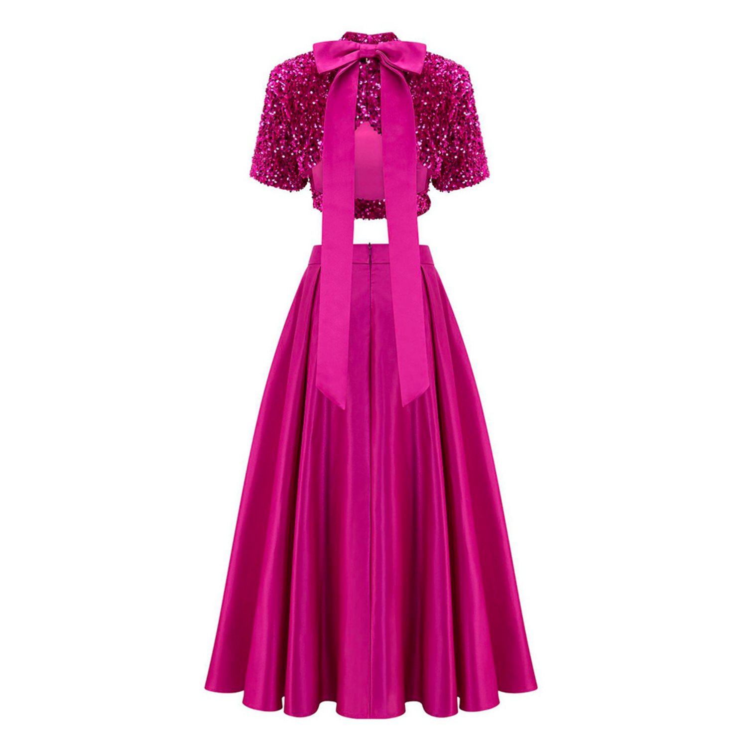 Cropped Sequin Top and Silken Skirt With Slits and Bow- Pink