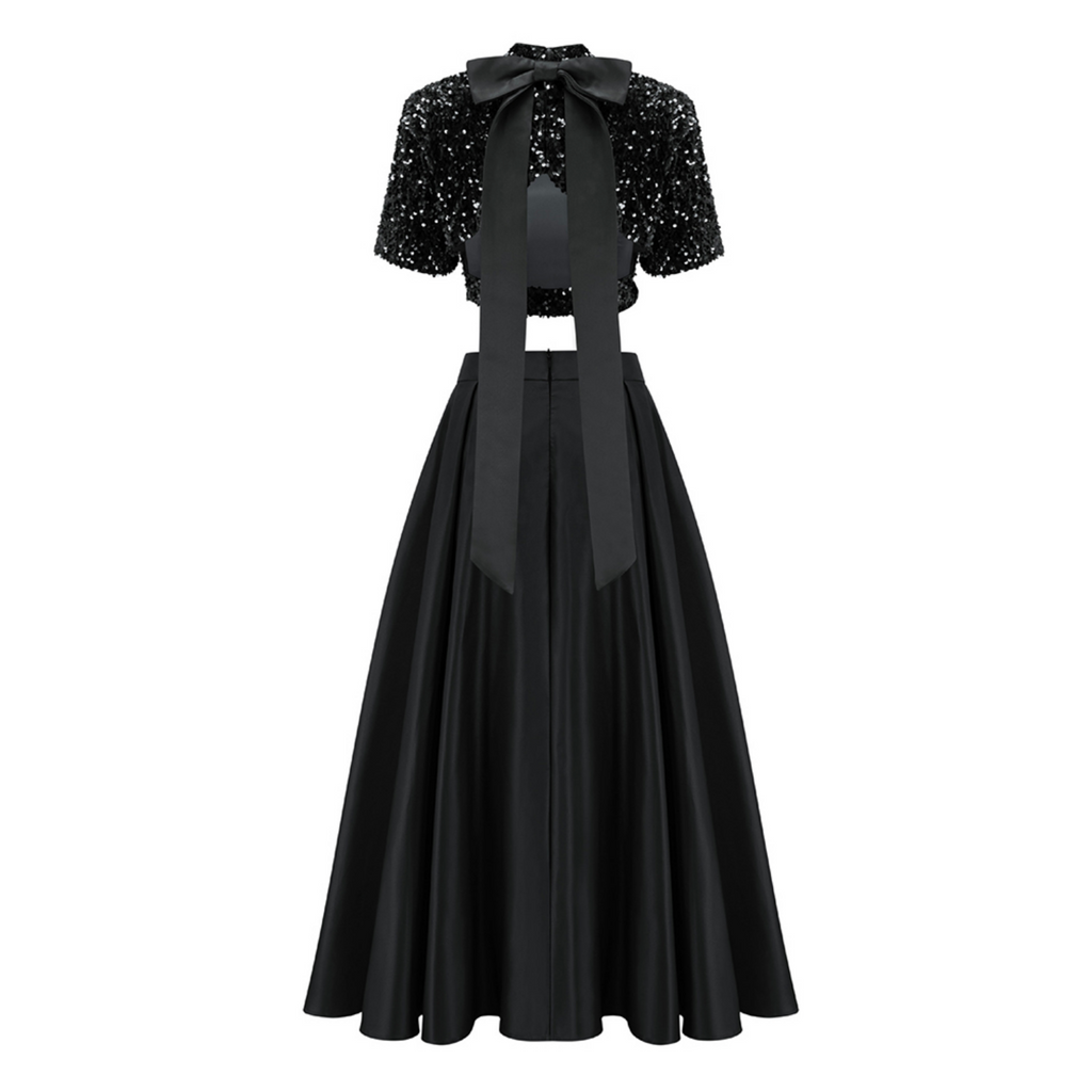 Cropped Sequin Top and Silken Skirt With Slits and Bow- Black