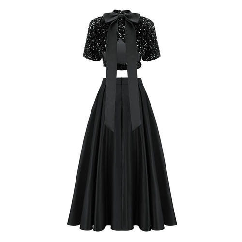 Cropped Sequin Top and Silken Skirt With Slits and Bow- Black