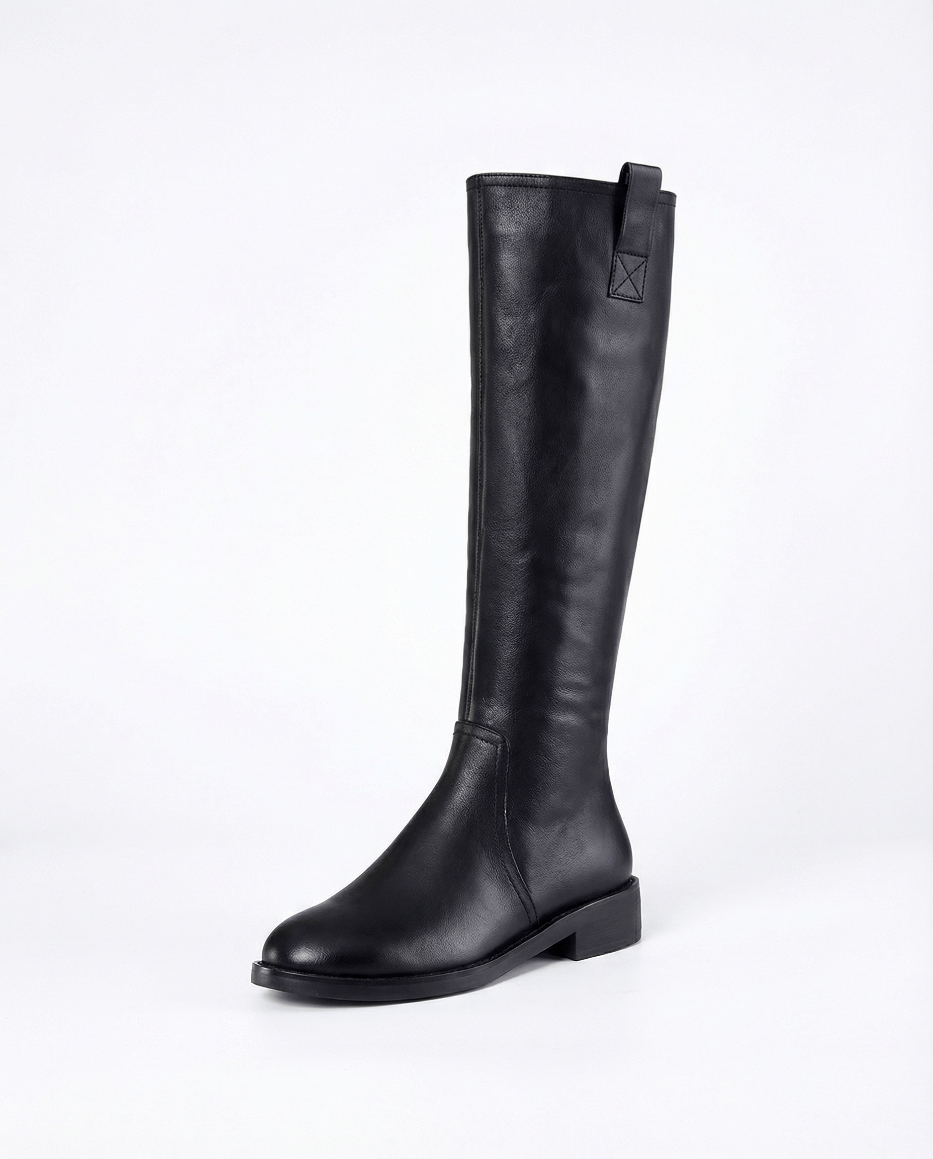 Knee High Leather Flat Equestrian Riding Boots Round Toe - Black