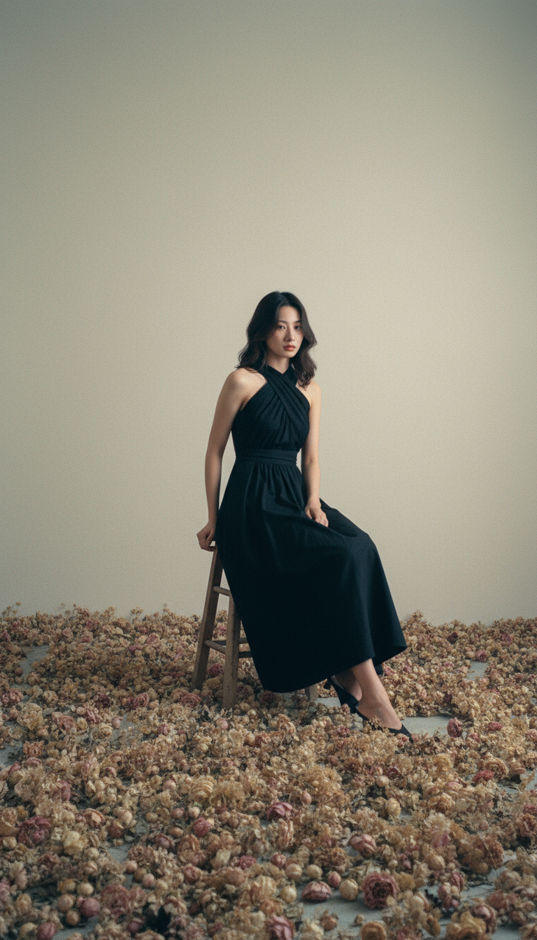 Woman in a black dress sitting on a stool surrounded by dried flowers against a plain background