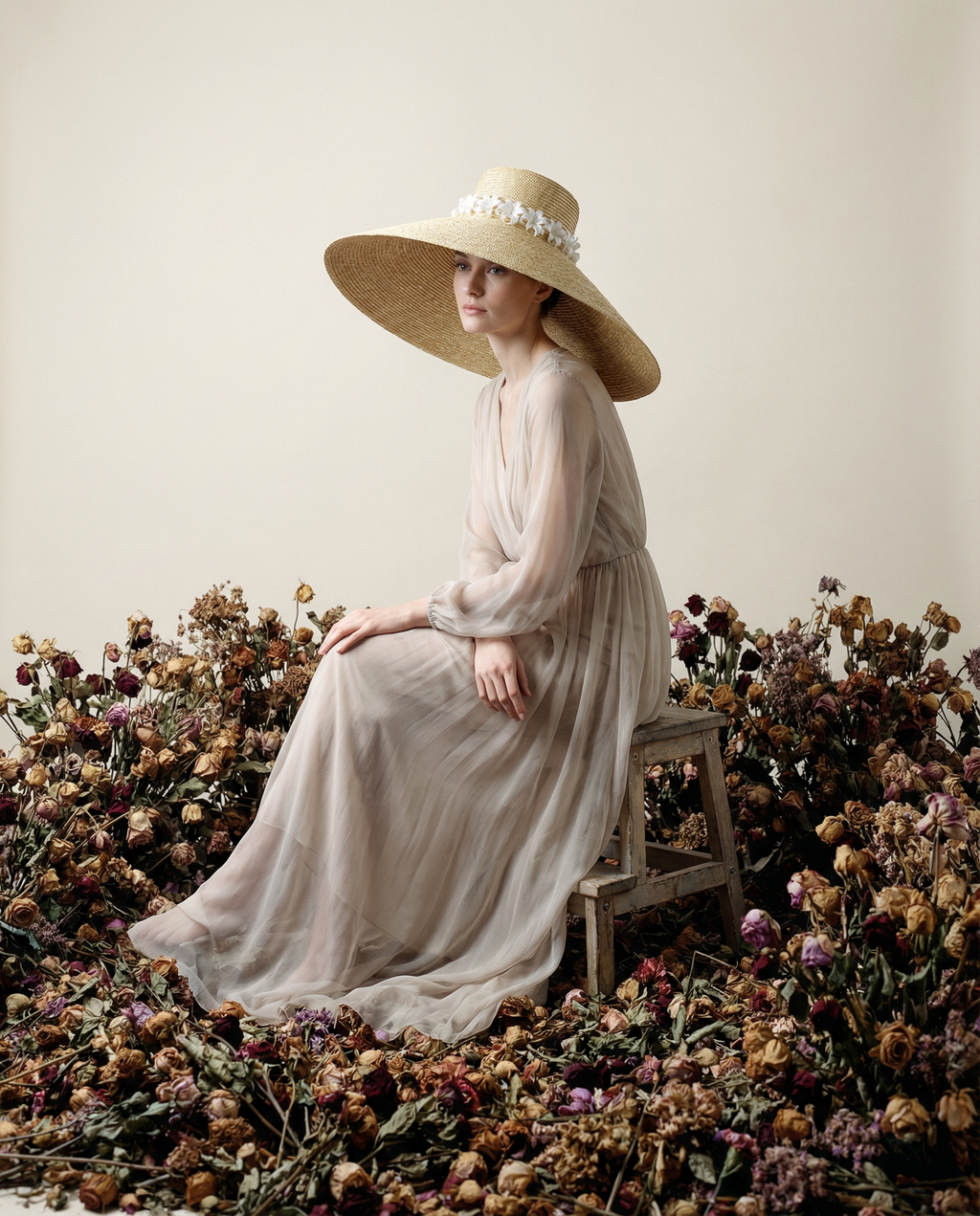 Wide Brim Summer Hat with Lillies
