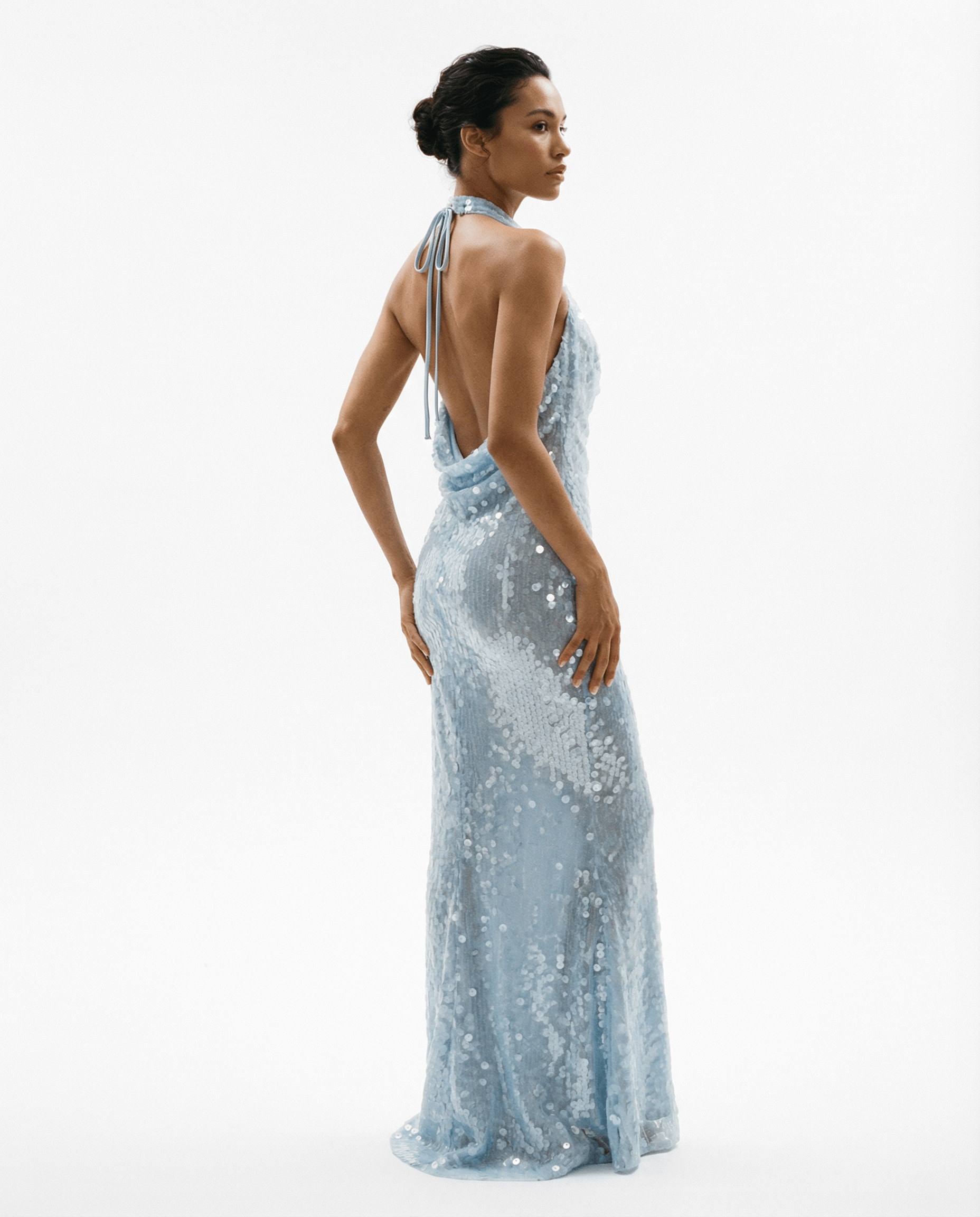 Asymmetric Cowl Neck Halterneck Sequin Gown in Ice Blue