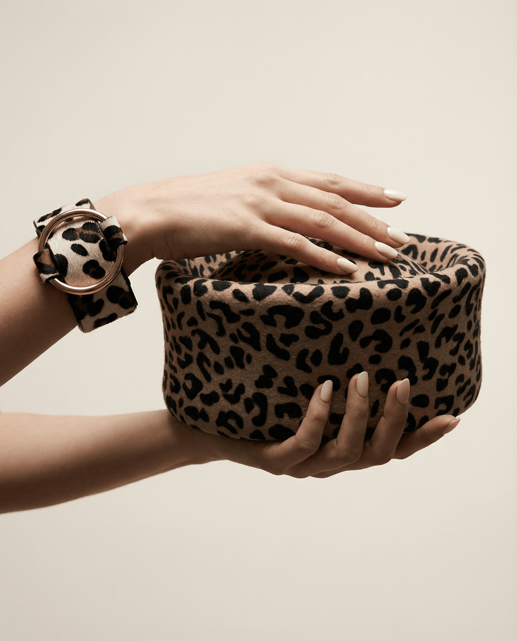 Leopard Print Leather Cuff Bracelet with Gold Ring