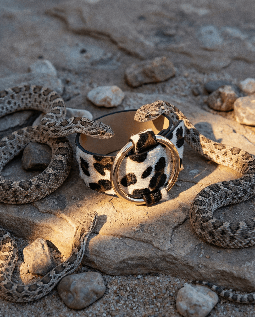 Leopard Print Leather Cuff Bracelet with Gold Ring