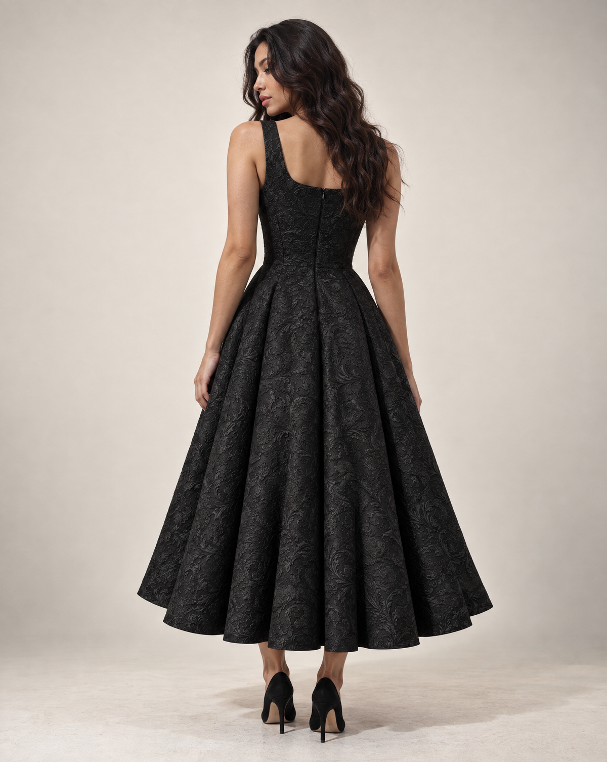 Sleeveless Black Skater Midi with Square Neckline - Floral brocade