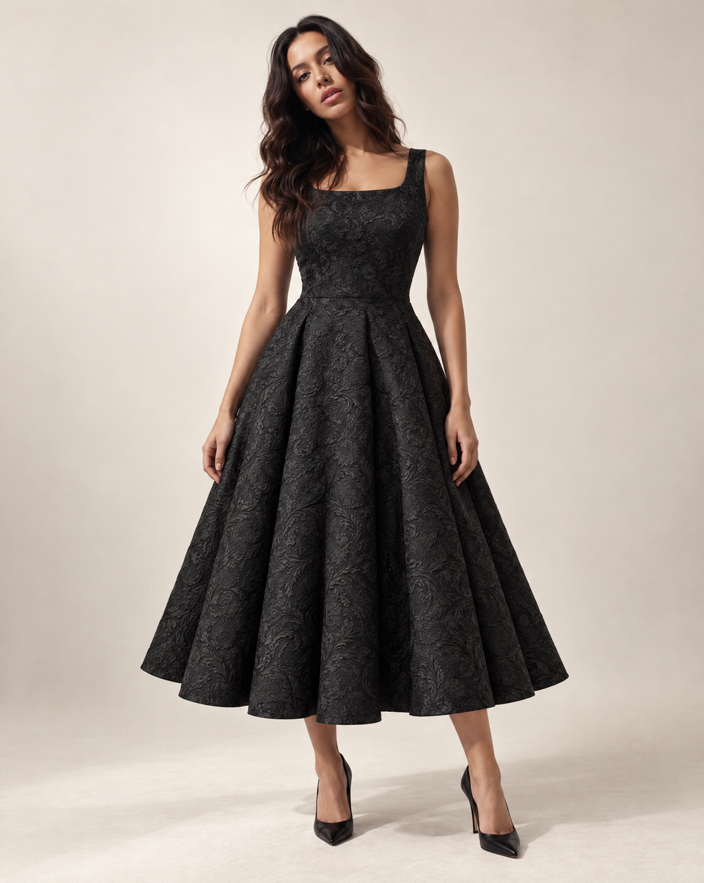 Sleeveless Black Skater Midi with Square Neckline - Floral brocade