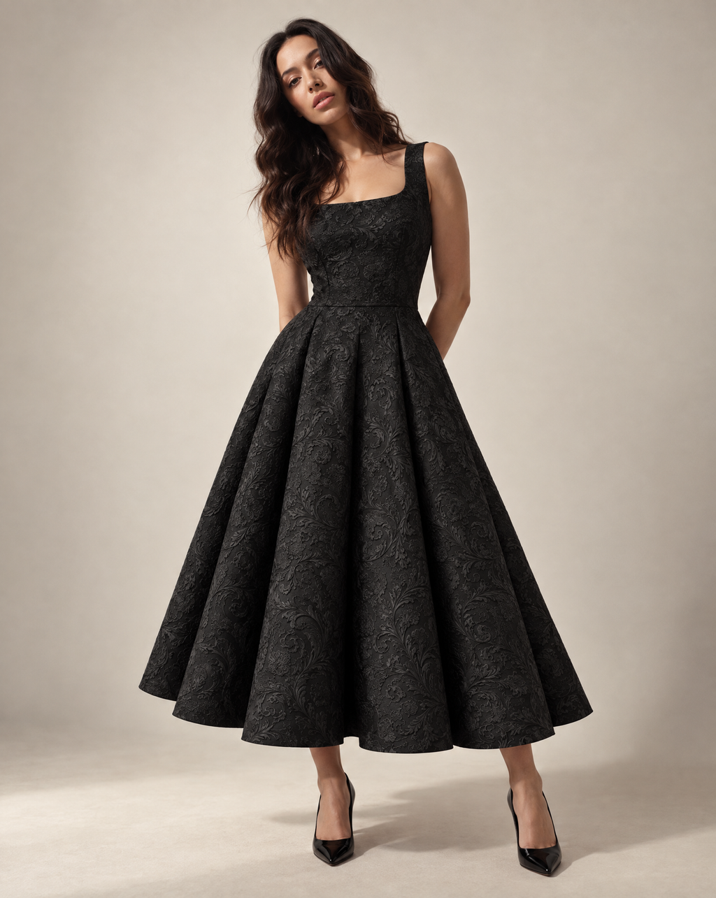Sleeveless Black Skater Midi with Square Neckline - Floral brocade
