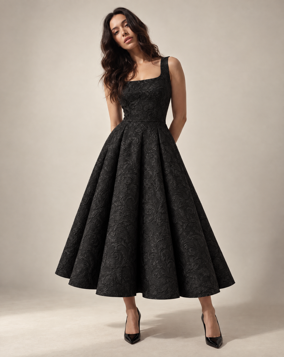 Sleeveless Black Skater Midi with Square Neckline - Floral brocade