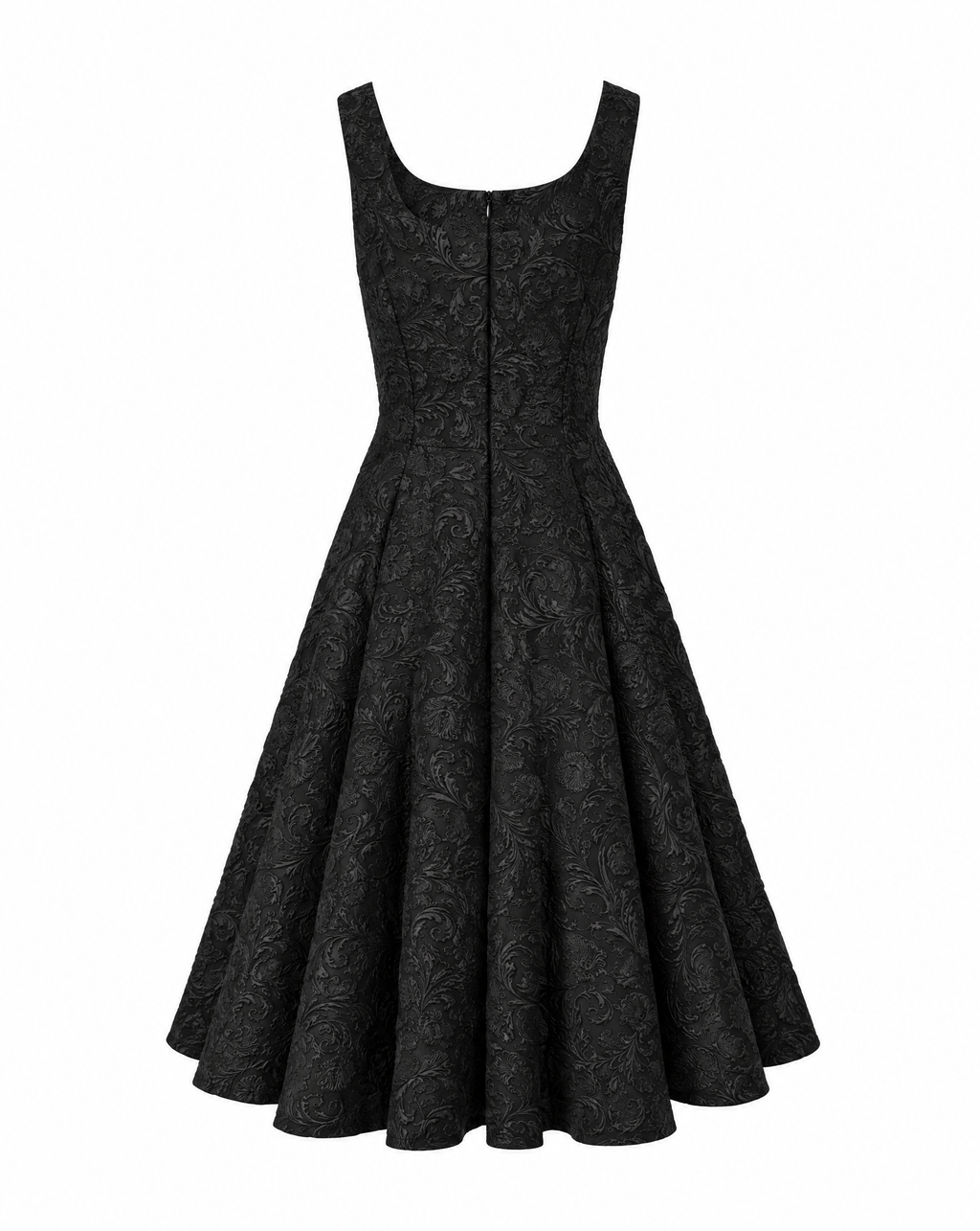 Sleeveless Black Skater Midi with Square Neckline - Floral brocade