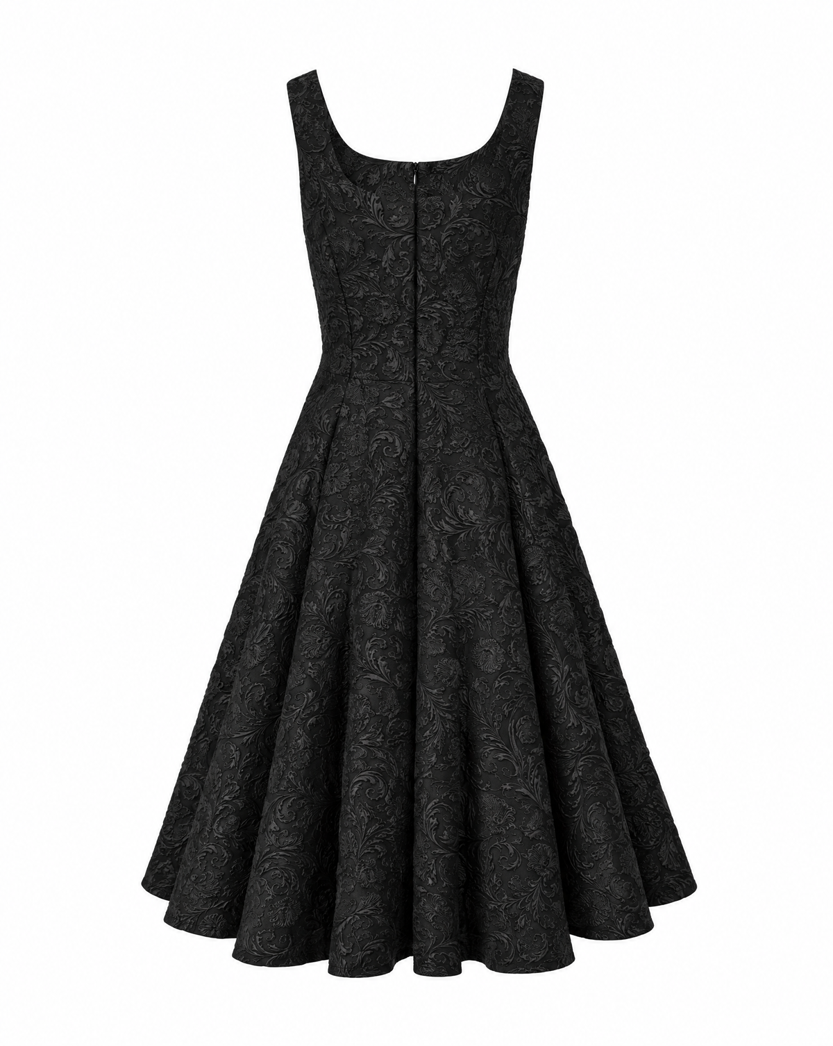 Sleeveless Black Skater Midi with Square Neckline - Floral brocade