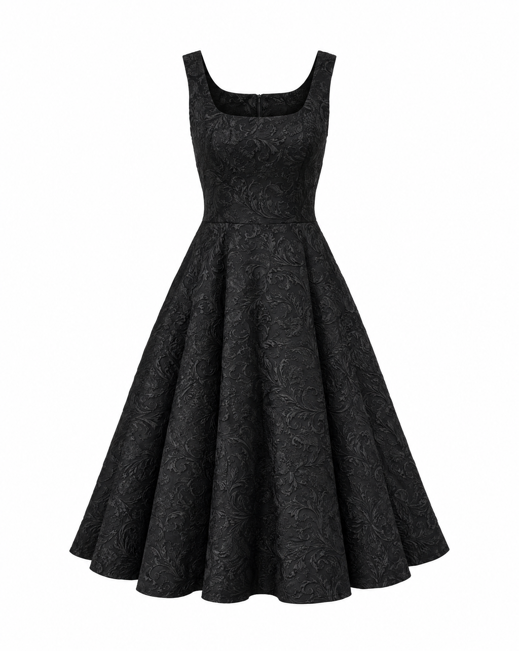 Sleeveless Black Skater Midi with Square Neckline - Floral brocade