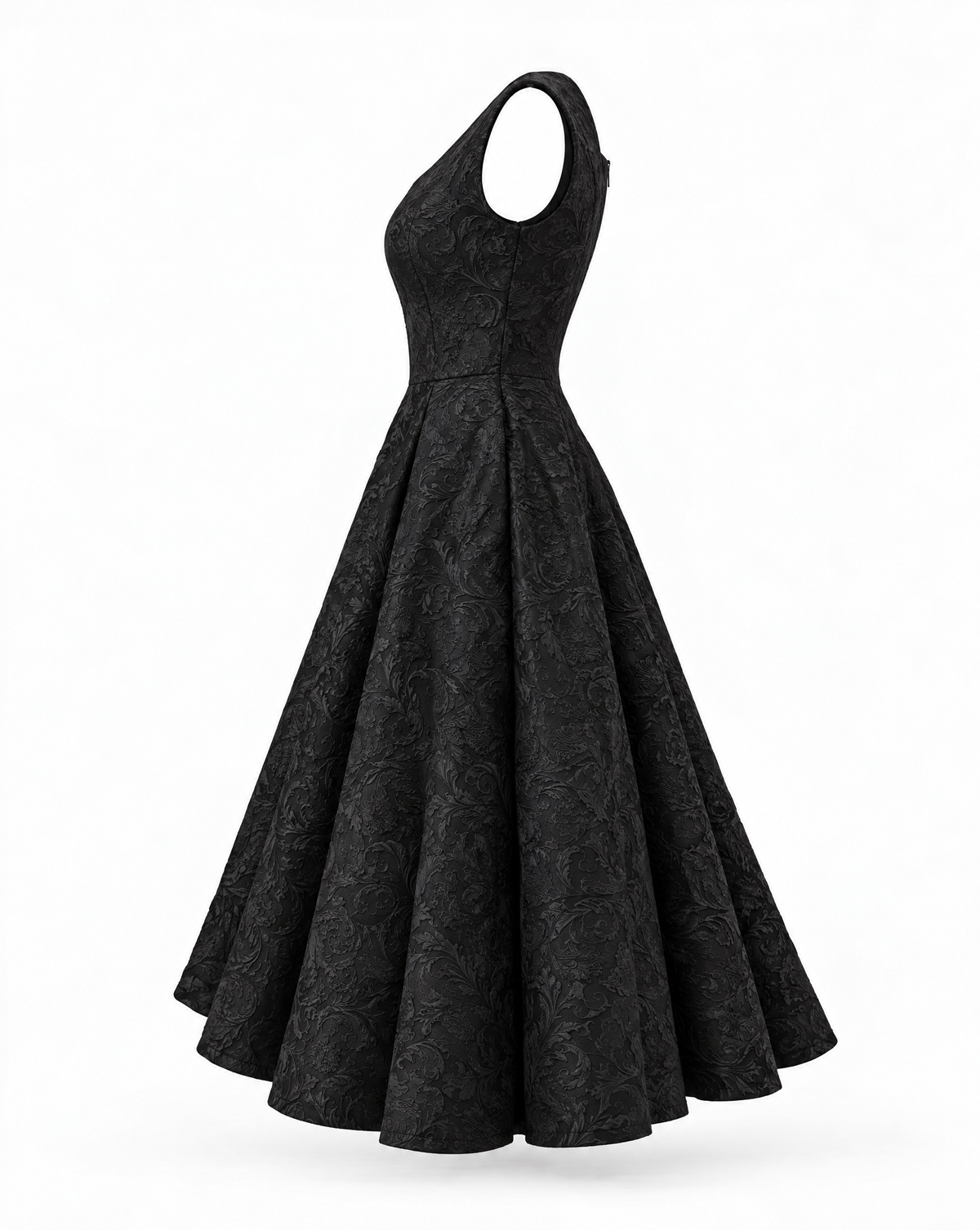 Sleeveless Black Skater Midi with Square Neckline - Floral brocade
