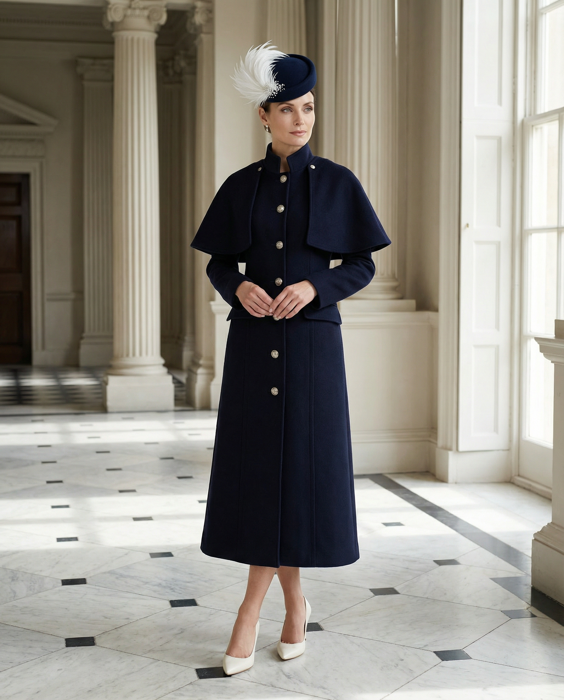 Navy Wool Coat with Detachable Cape Overlay