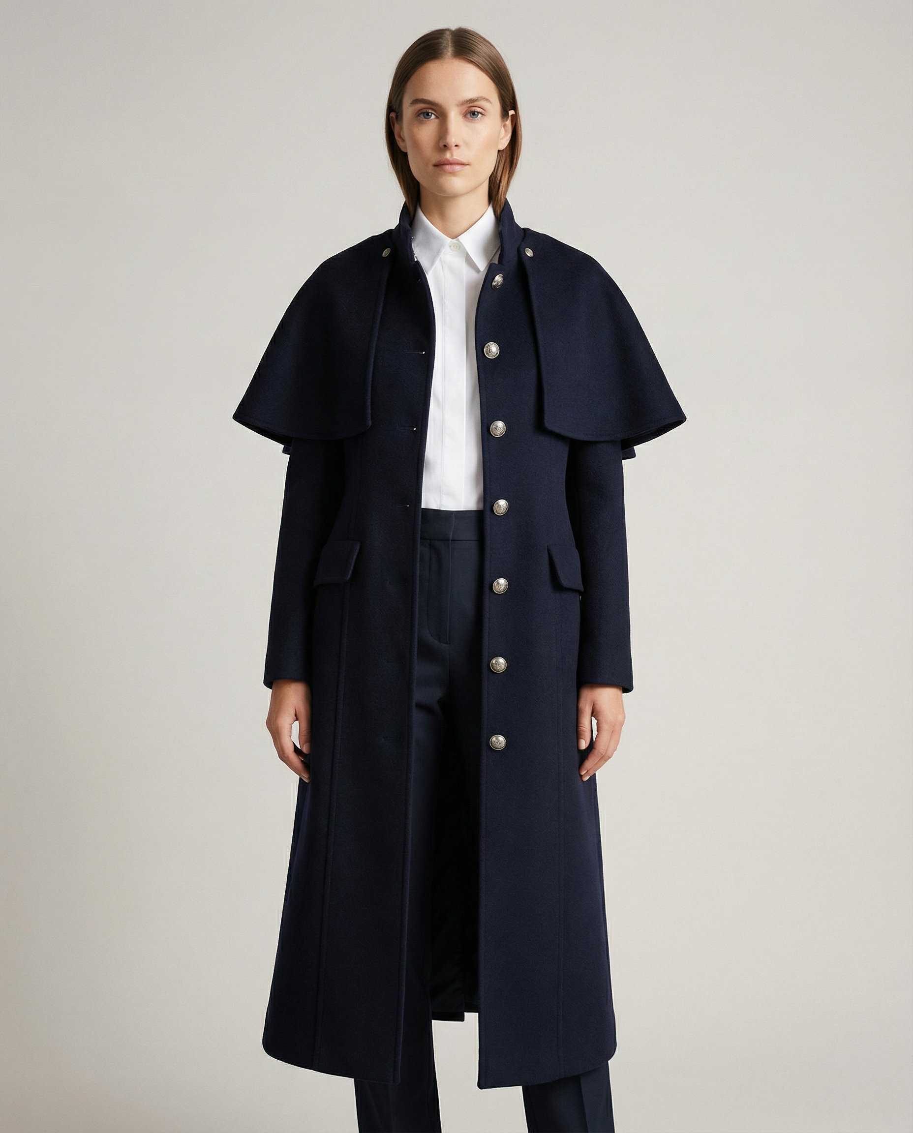 Navy Wool Coat with Detachable Cape Overlay