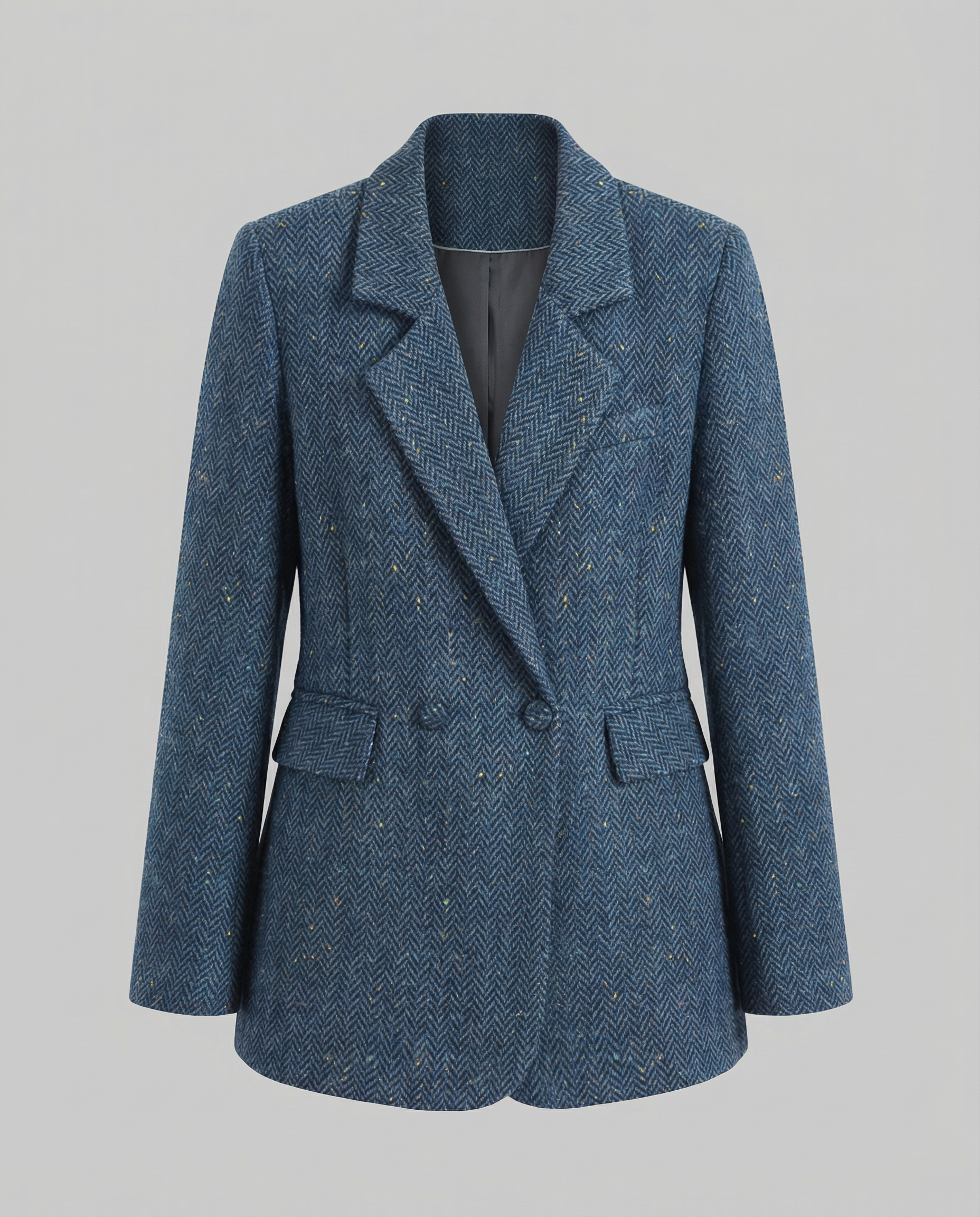 Navy Herringbone Long Blazer – Double Lapel Collar, Fabric-Covered Buttons, Loose Fit