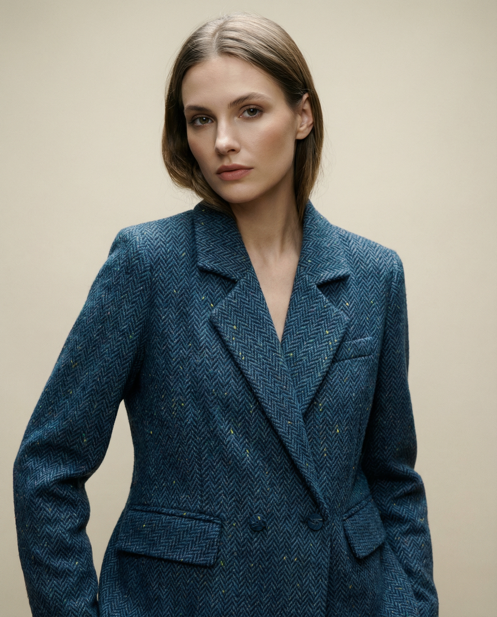 Navy Herringbone Long Blazer – Double Lapel Collar, Fabric-Covered Buttons, Loose Fit