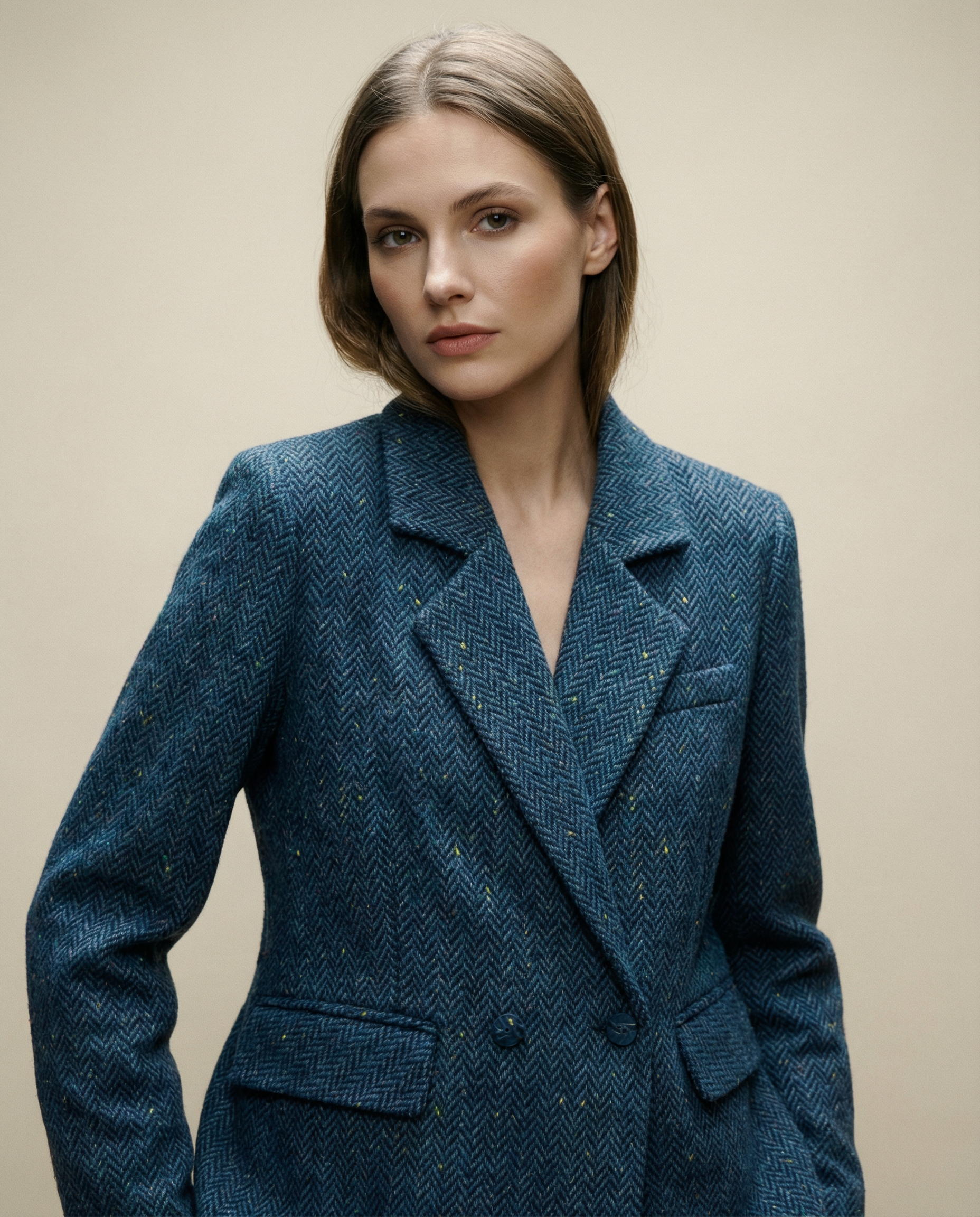 Navy Herringbone Long Blazer – Double Lapel Collar, Fabric-Covered Buttons, Loose Fit