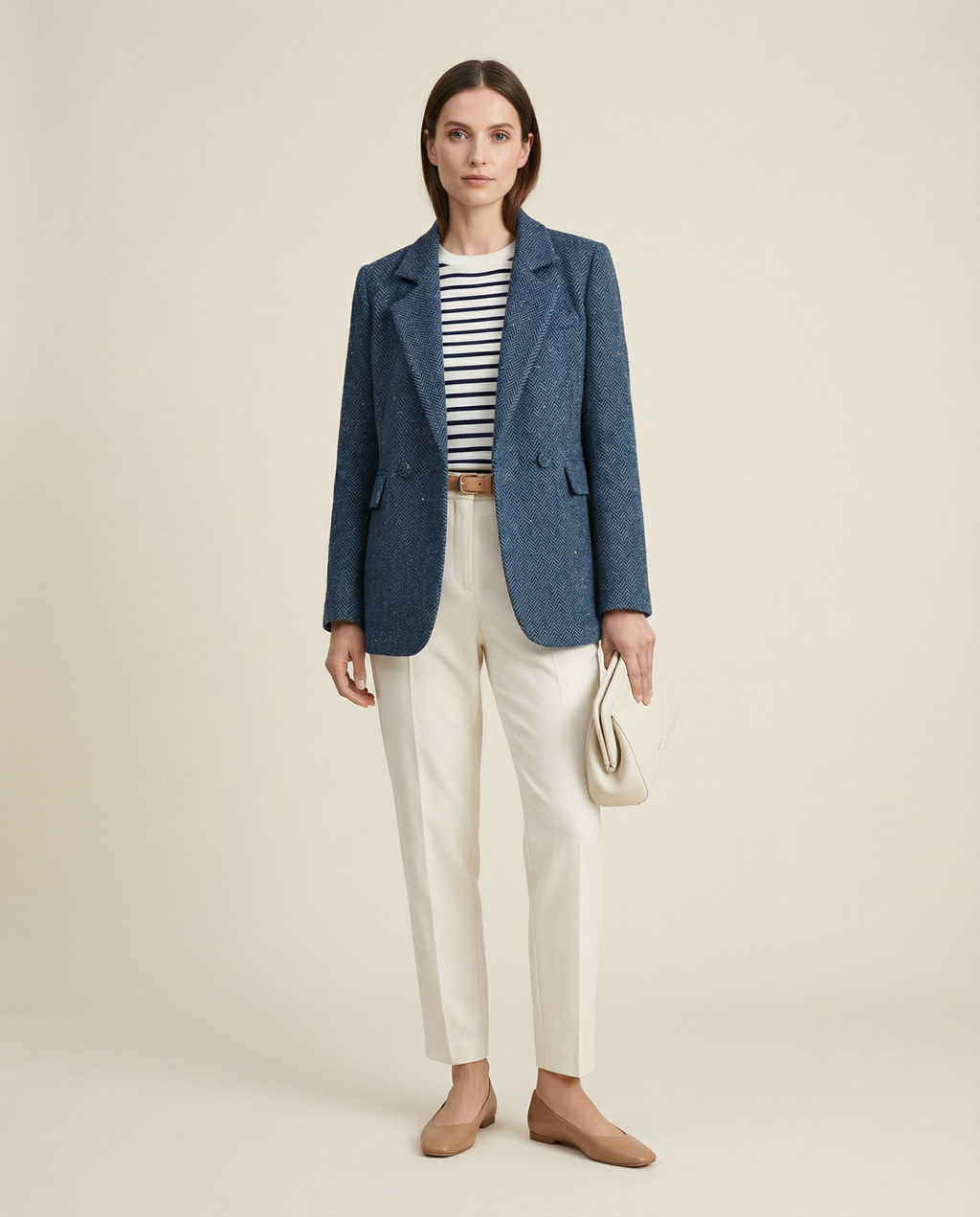 Navy Herringbone Long Blazer – Double Lapel Collar, Fabric-Covered Buttons, Loose Fit