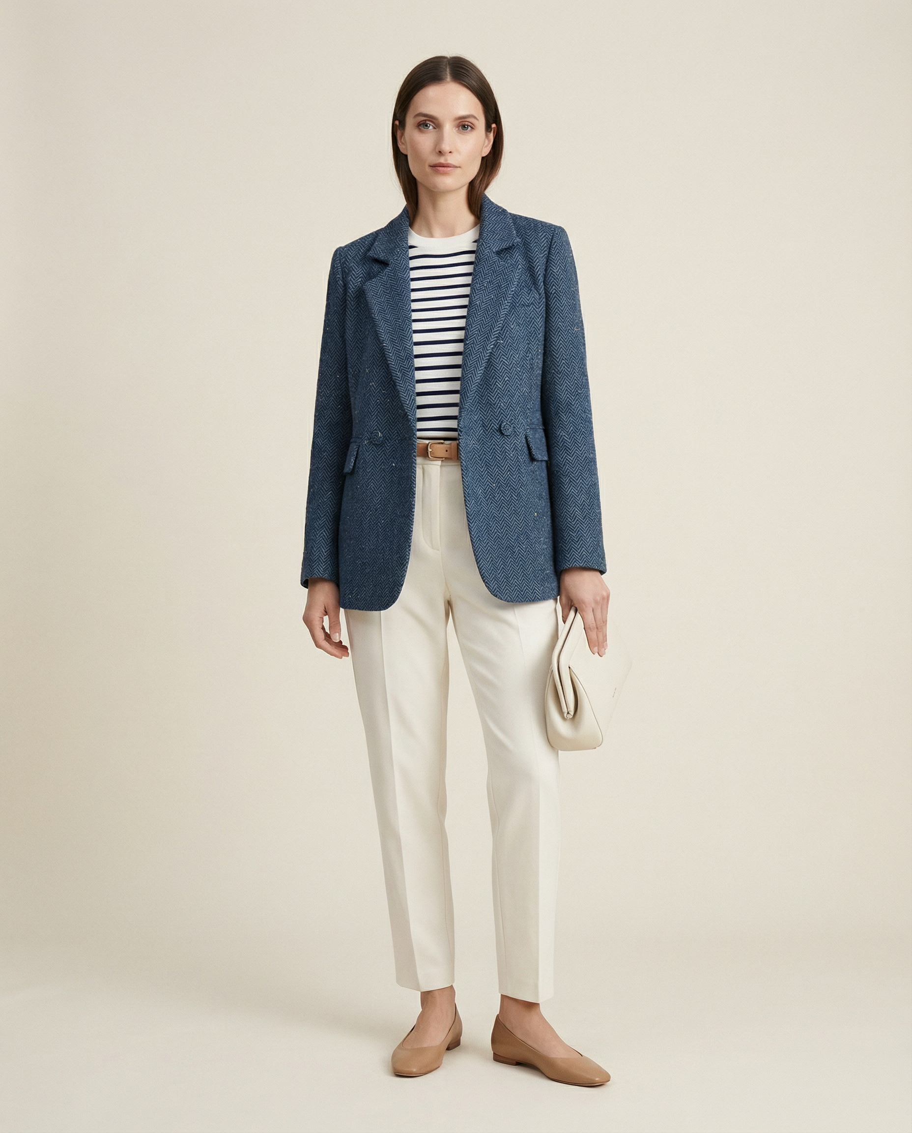Navy Herringbone Long Blazer – Double Lapel Collar, Fabric-Covered Buttons, Loose Fit