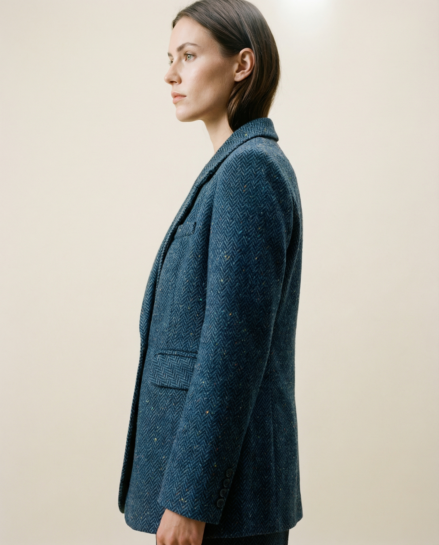 Navy Herringbone Long Blazer – Double Lapel Collar, Fabric-Covered Buttons, Loose Fit