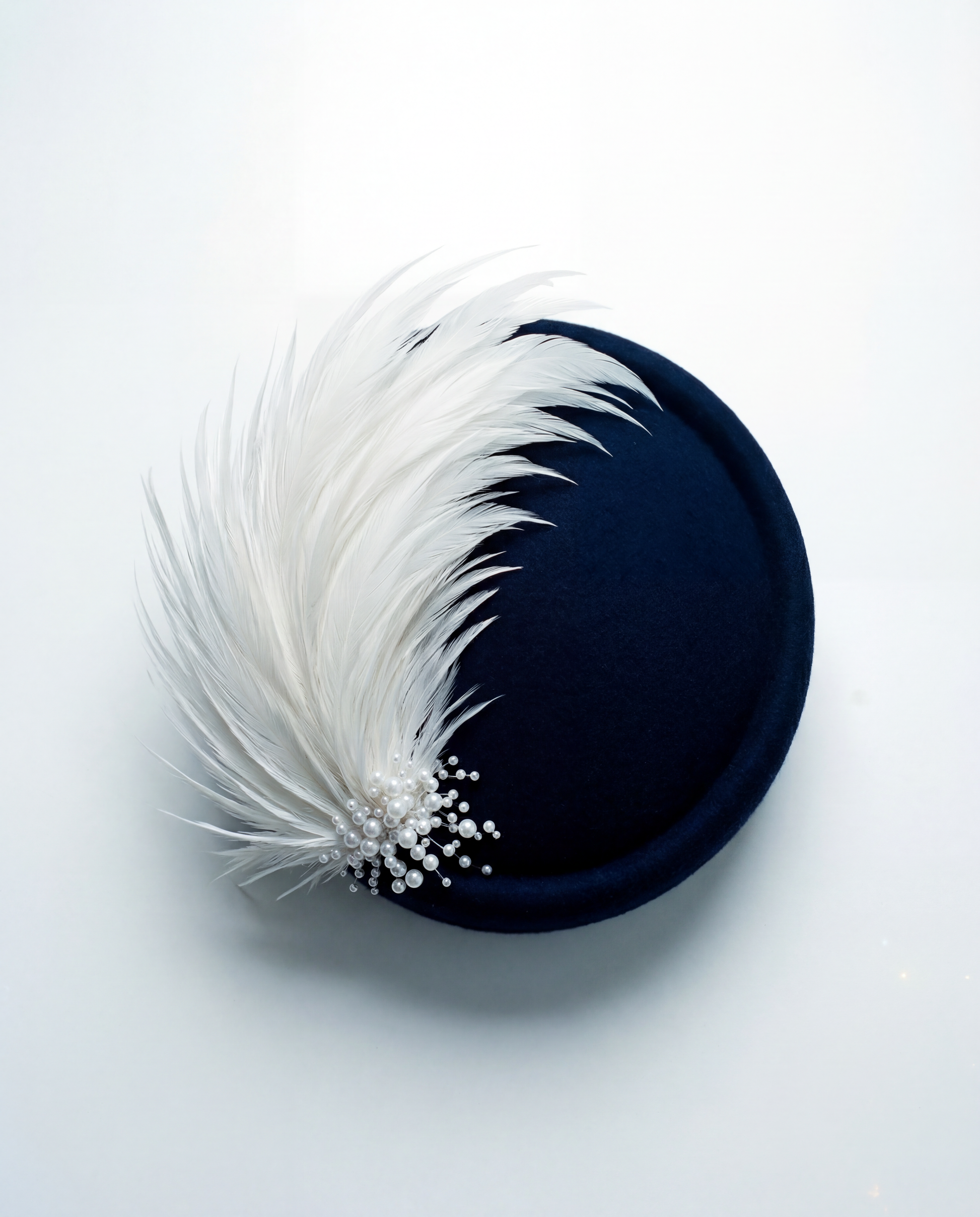 Navy Pillbox Hat with Feathers and Pearls