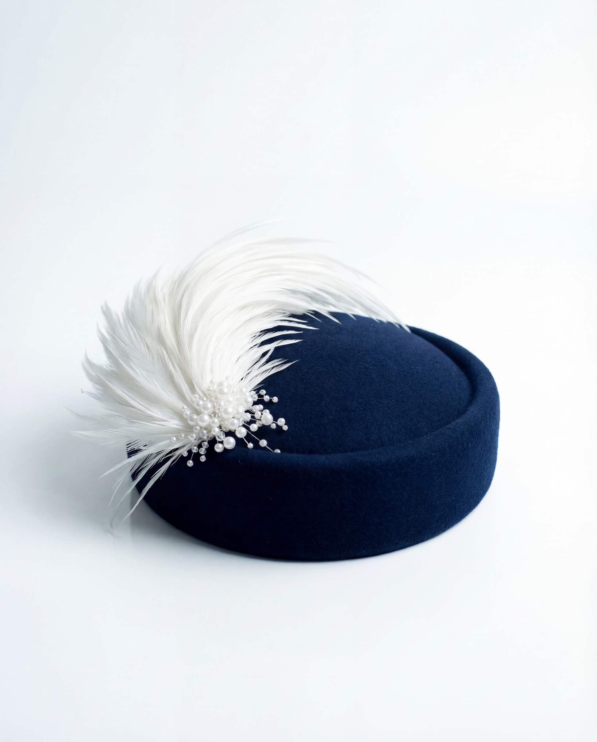Navy Pillbox Hat with Feathers and Pearls