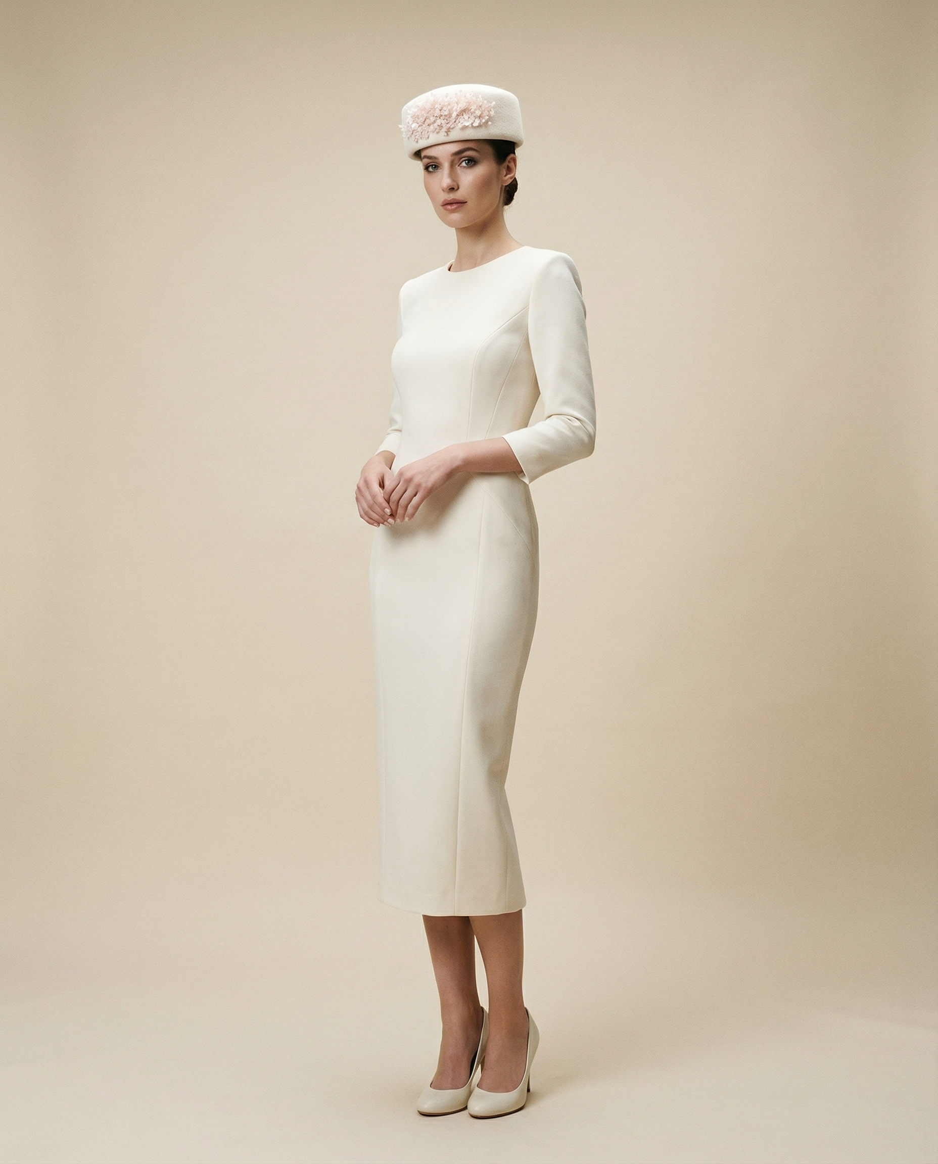 Structured Pillbox Hat with Miniature Acrylic Flowers and Faux Pearls 100% Wool Adjustable