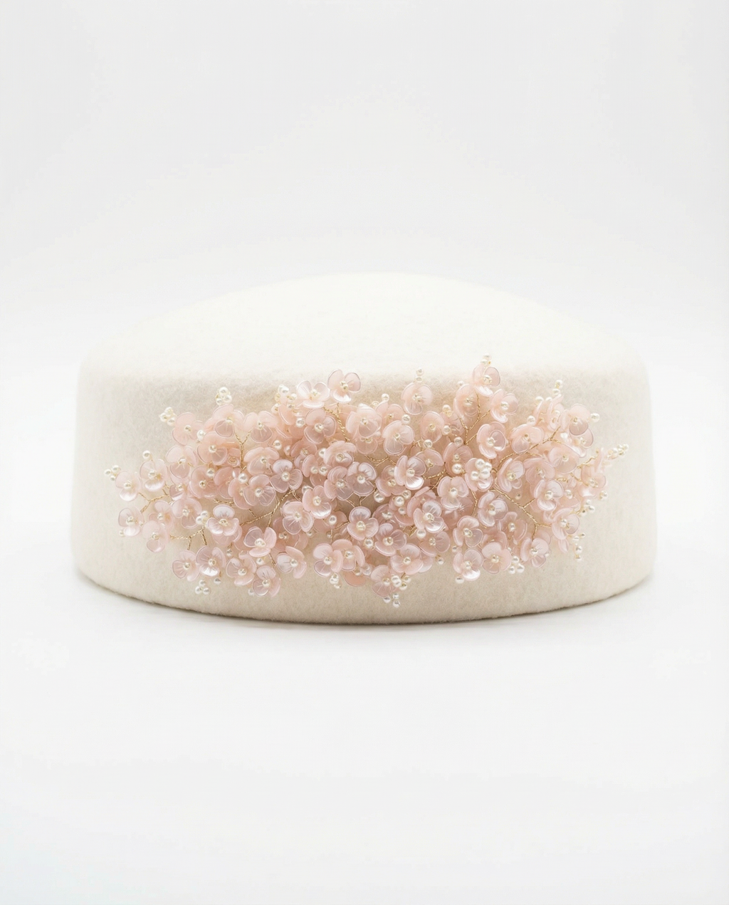 Structured Pillbox Hat with Miniature Acrylic Flowers and Faux Pearls 100% Wool Adjustable